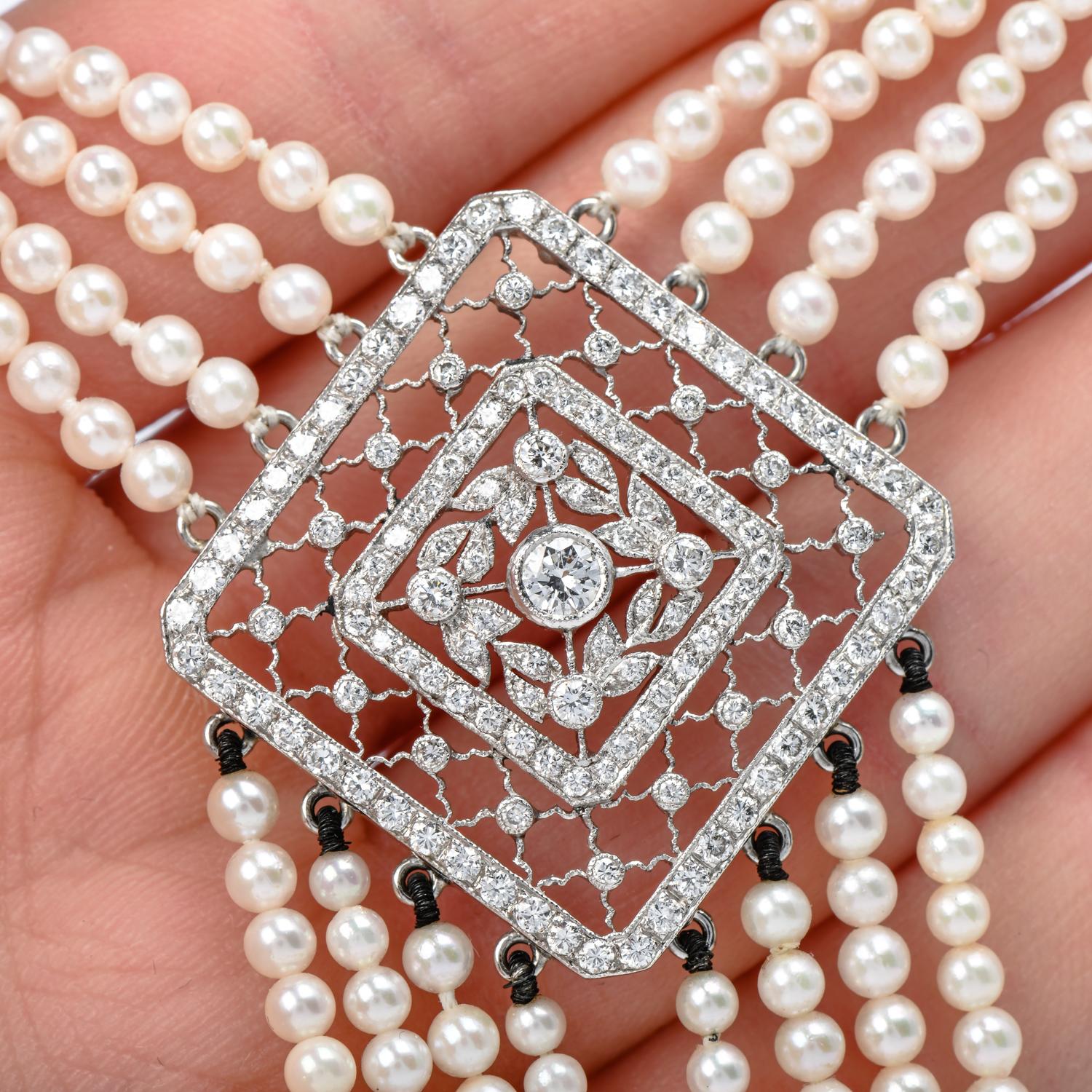 filigrane Vintage Diamant-Perlen-Halskette aus 18 Karat Weißgold mit Quaste im Angebot 1