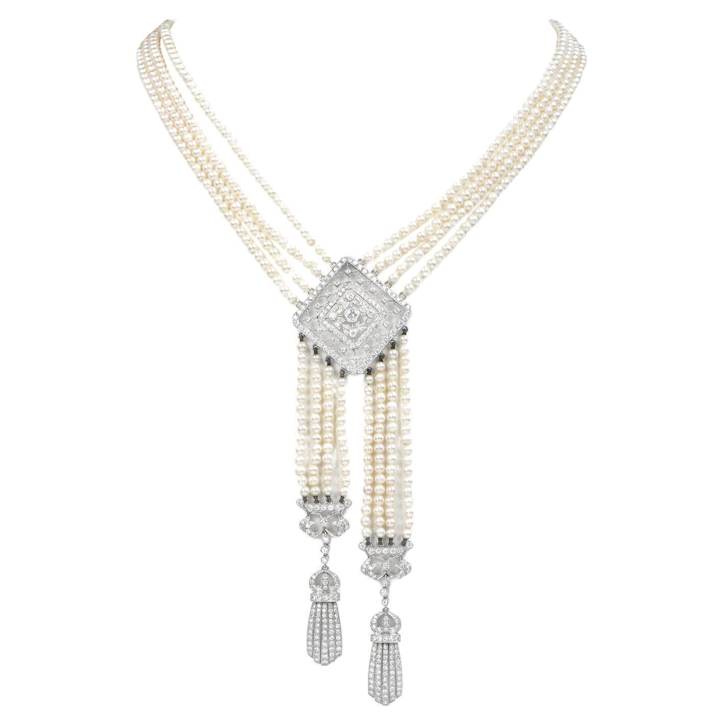 filigrane Vintage Diamant-Perlen-Halskette aus 18 Karat Weißgold mit Quaste im Angebot