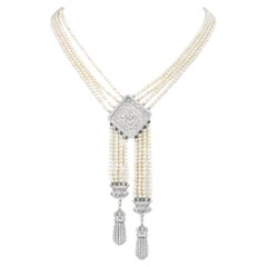Collier Vintage Diamond Pearl Filigree Tassel Dangle en or blanc 18K