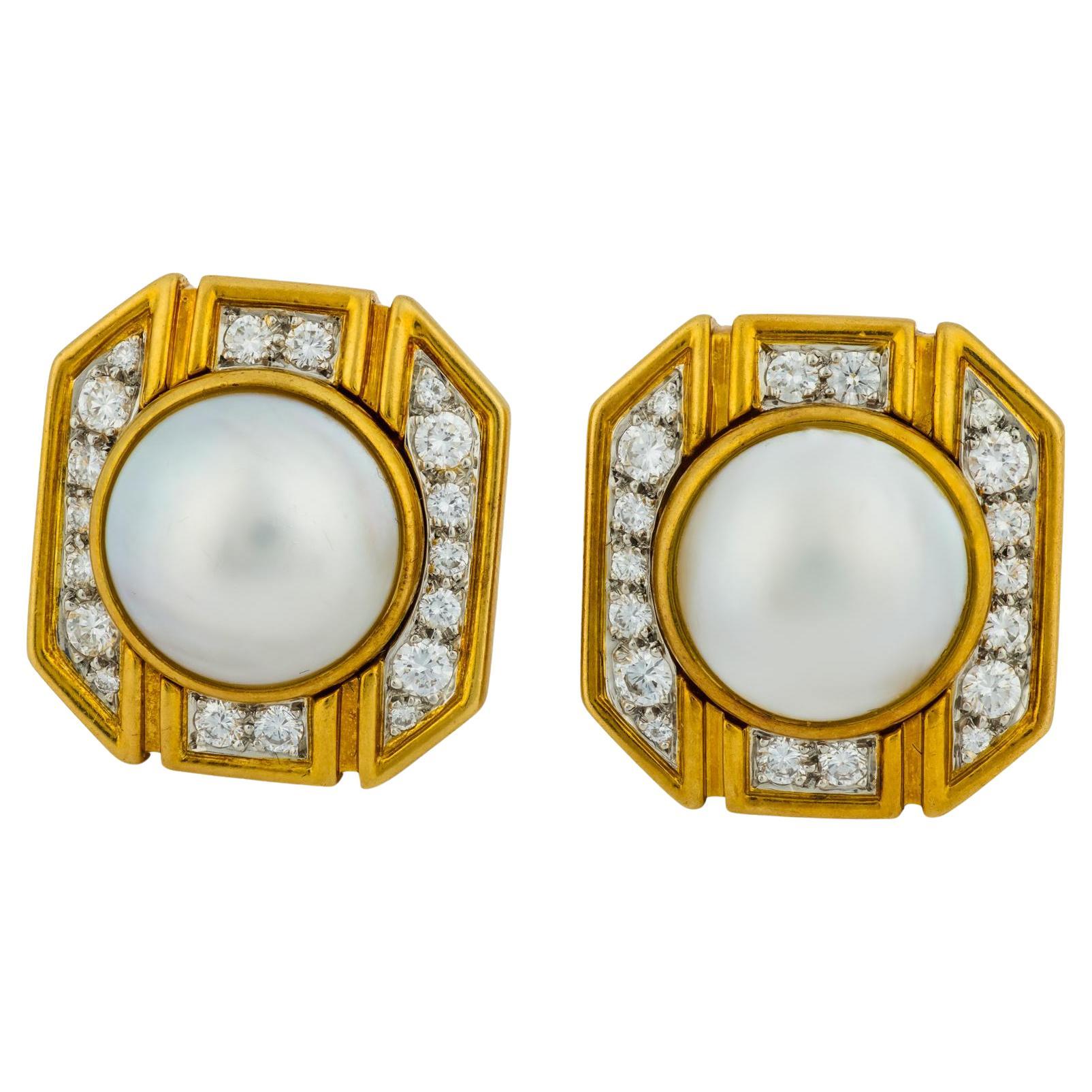 Vintage diamond pearl 18k yellow gold platinum cocktail earrings