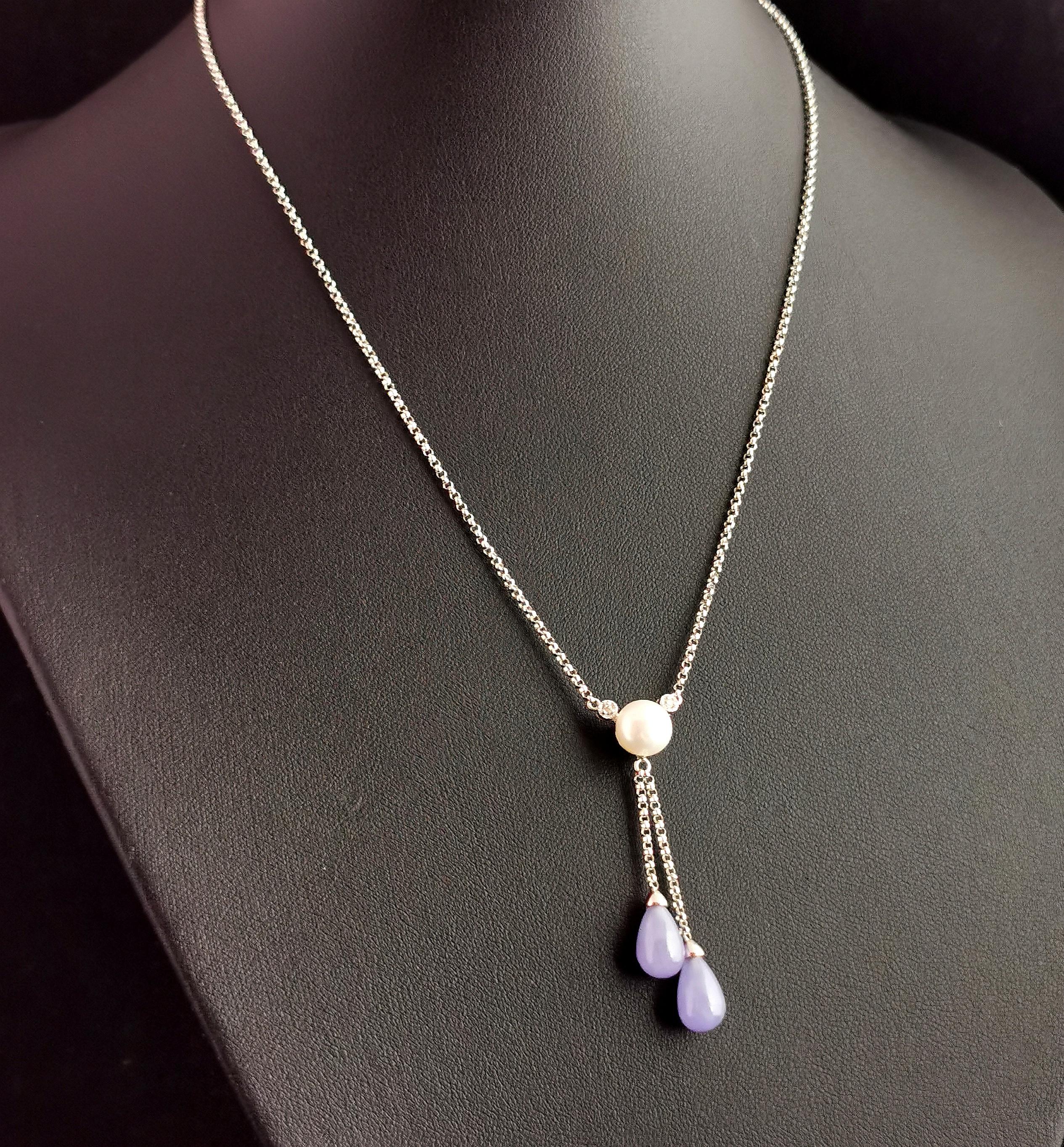 Vintage Diamond, Pearl and Lavender Jade Lariat Necklace, 14k White Gold 4