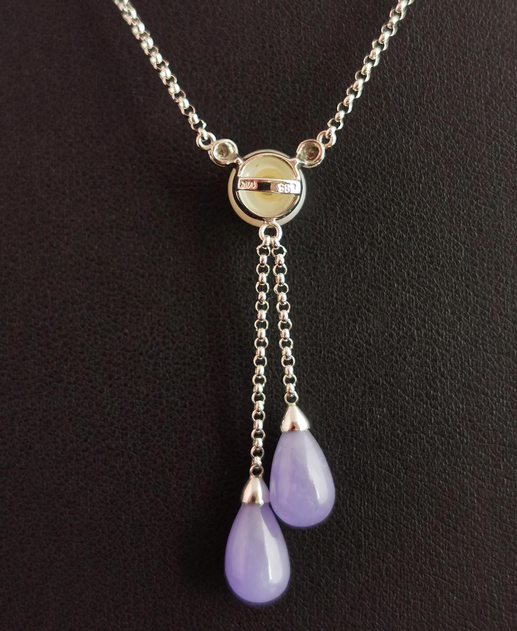 Vintage Diamond, Pearl and Lavender Jade Lariat Necklace, 14k White Gold 5