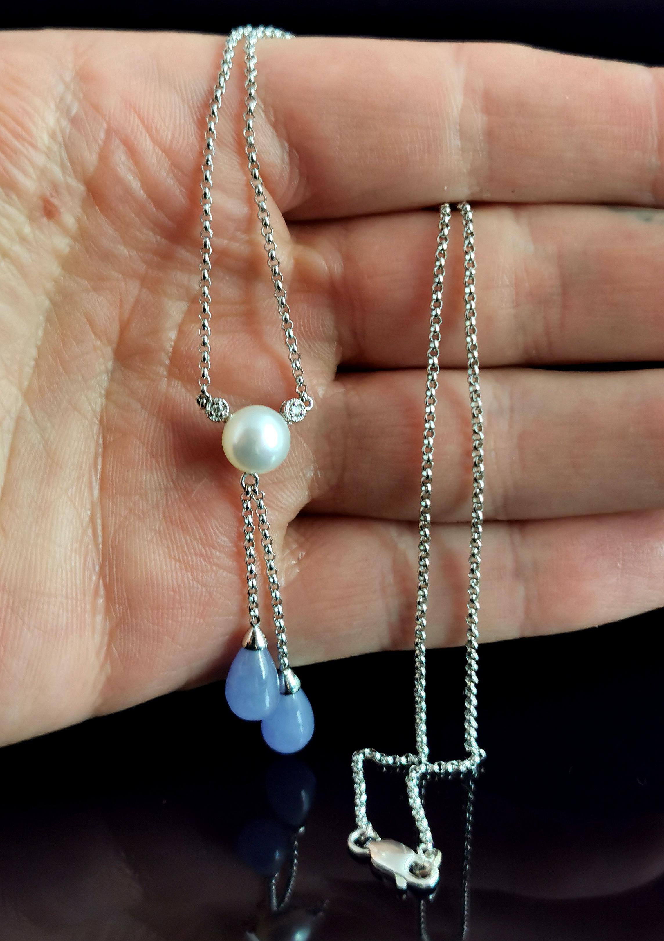 Vintage Diamond, Pearl and Lavender Jade Lariat Necklace, 14k White Gold 6