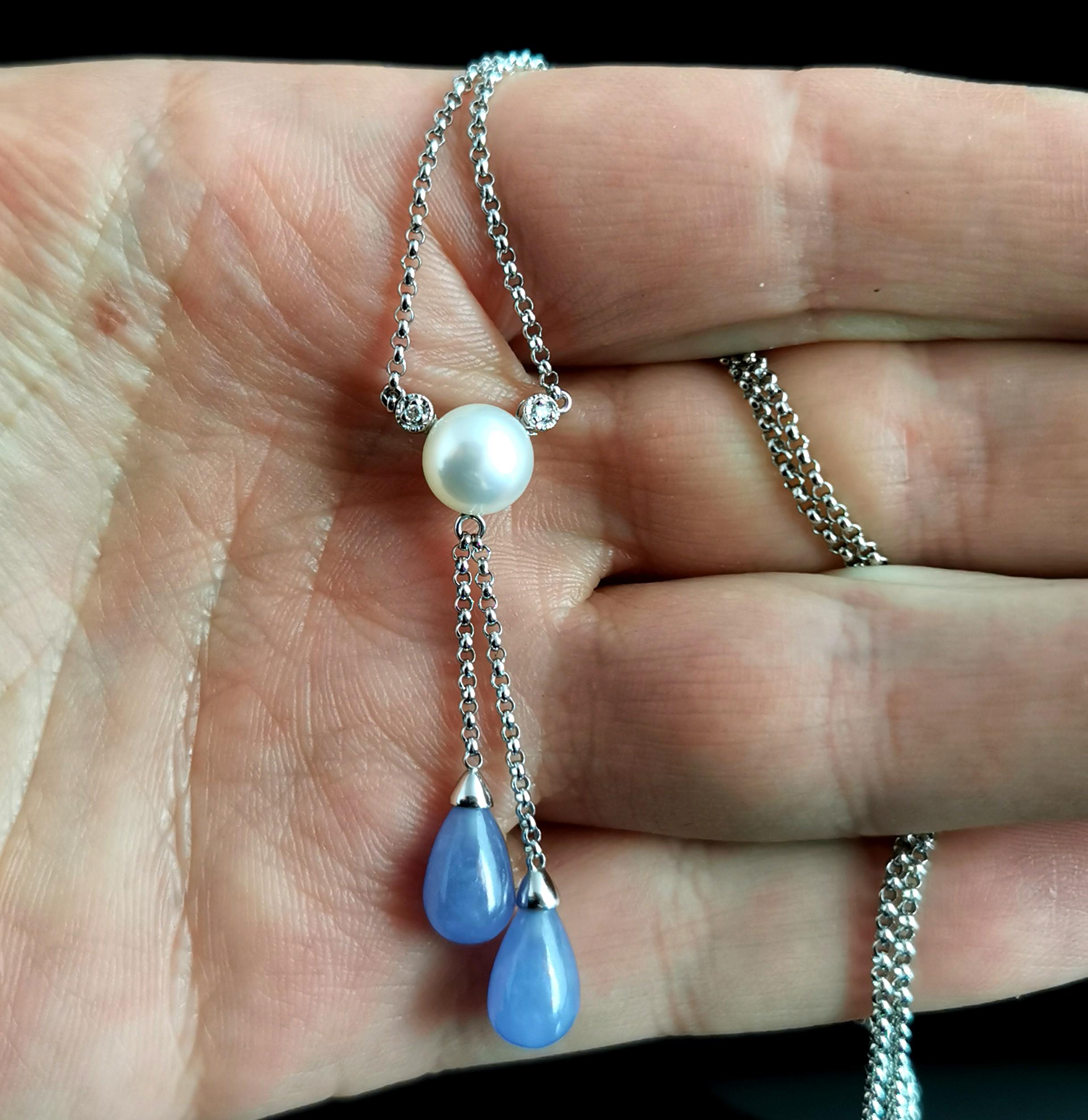 Vintage Diamond, Pearl and Lavender Jade Lariat Necklace, 14k White Gold 8