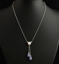 Vintage Diamond, Pearl and Lavender Jade Lariat Necklace, 14k White Gold