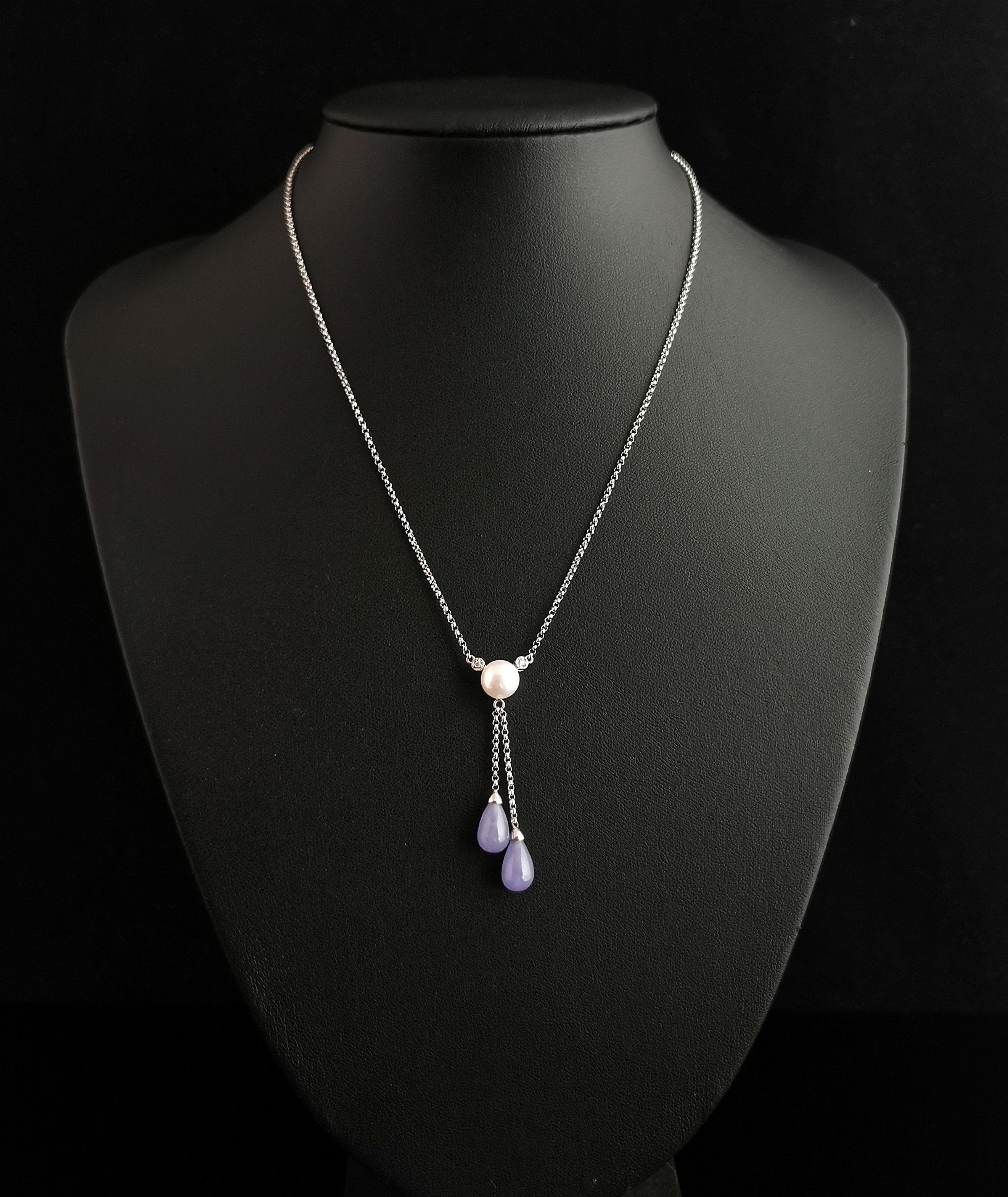 Art Deco Vintage Diamond, Pearl and Lavender Jade Lariat Necklace, 14k White Gold