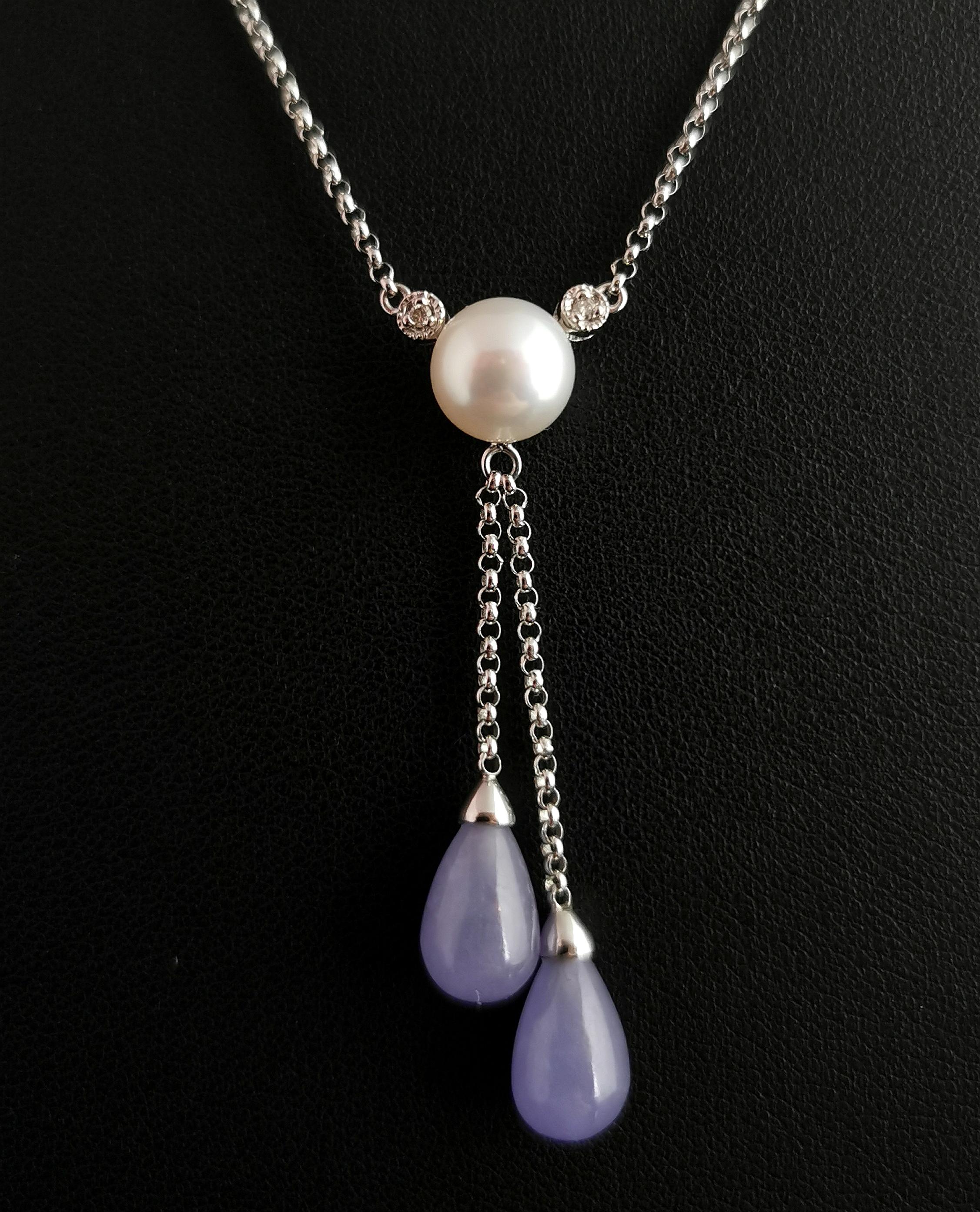 Briolette Cut Vintage Diamond, Pearl and Lavender Jade Lariat Necklace, 14k White Gold