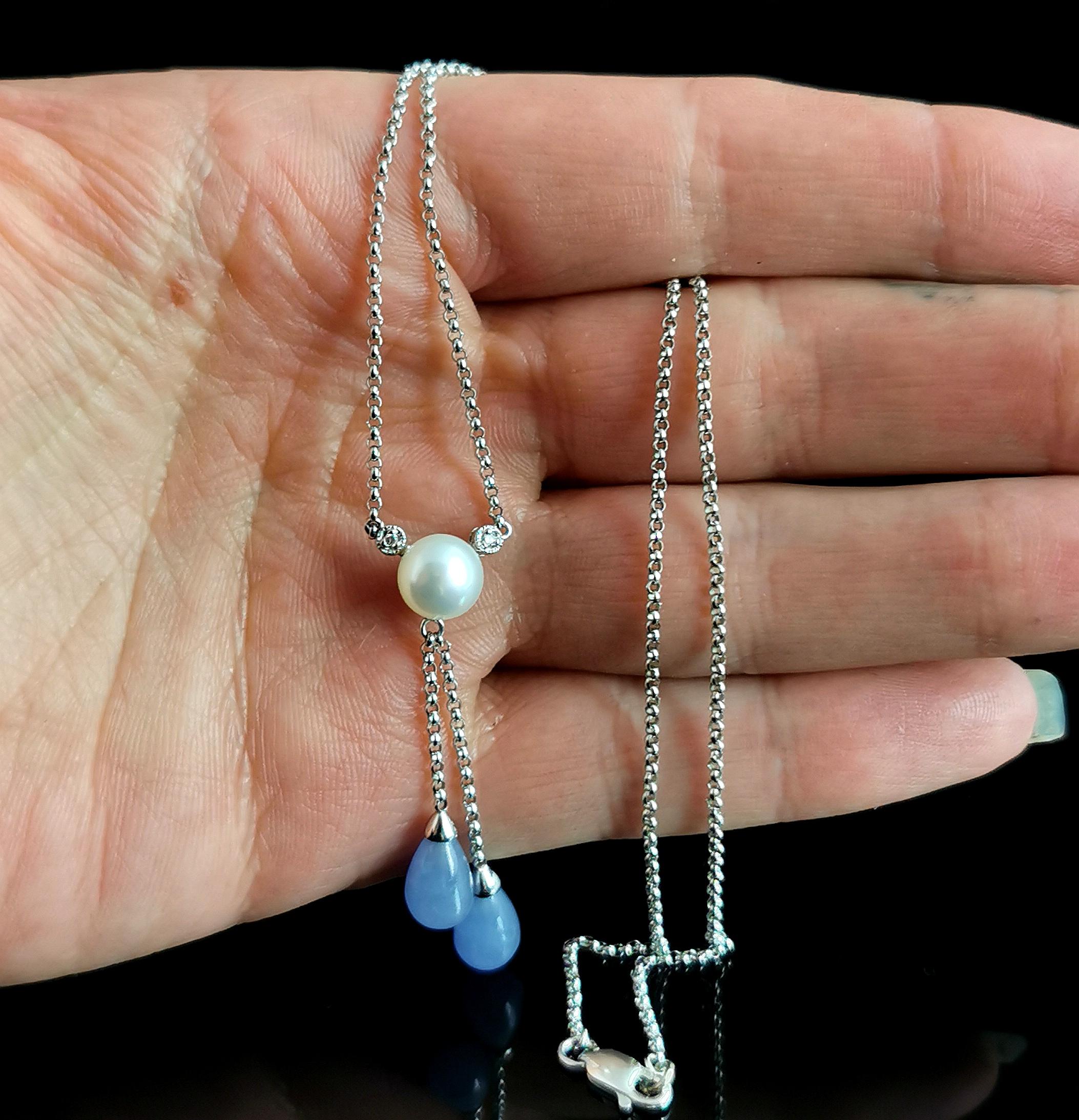Vintage Diamond, Pearl and Lavender Jade Lariat Necklace, 14k White Gold In Good Condition In NEWARK, GB