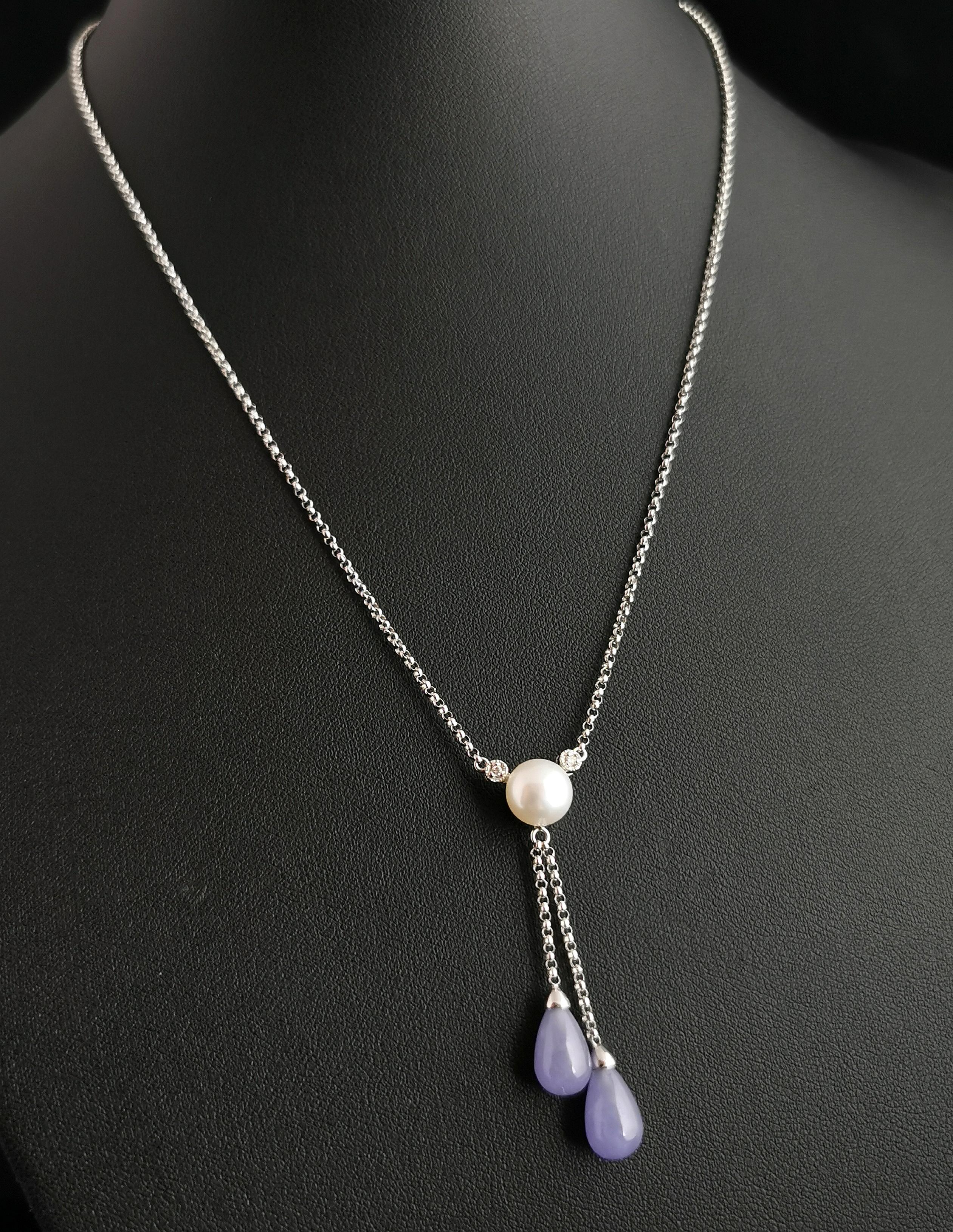 Women's Vintage Diamond, Pearl and Lavender Jade Lariat Necklace, 14k White Gold