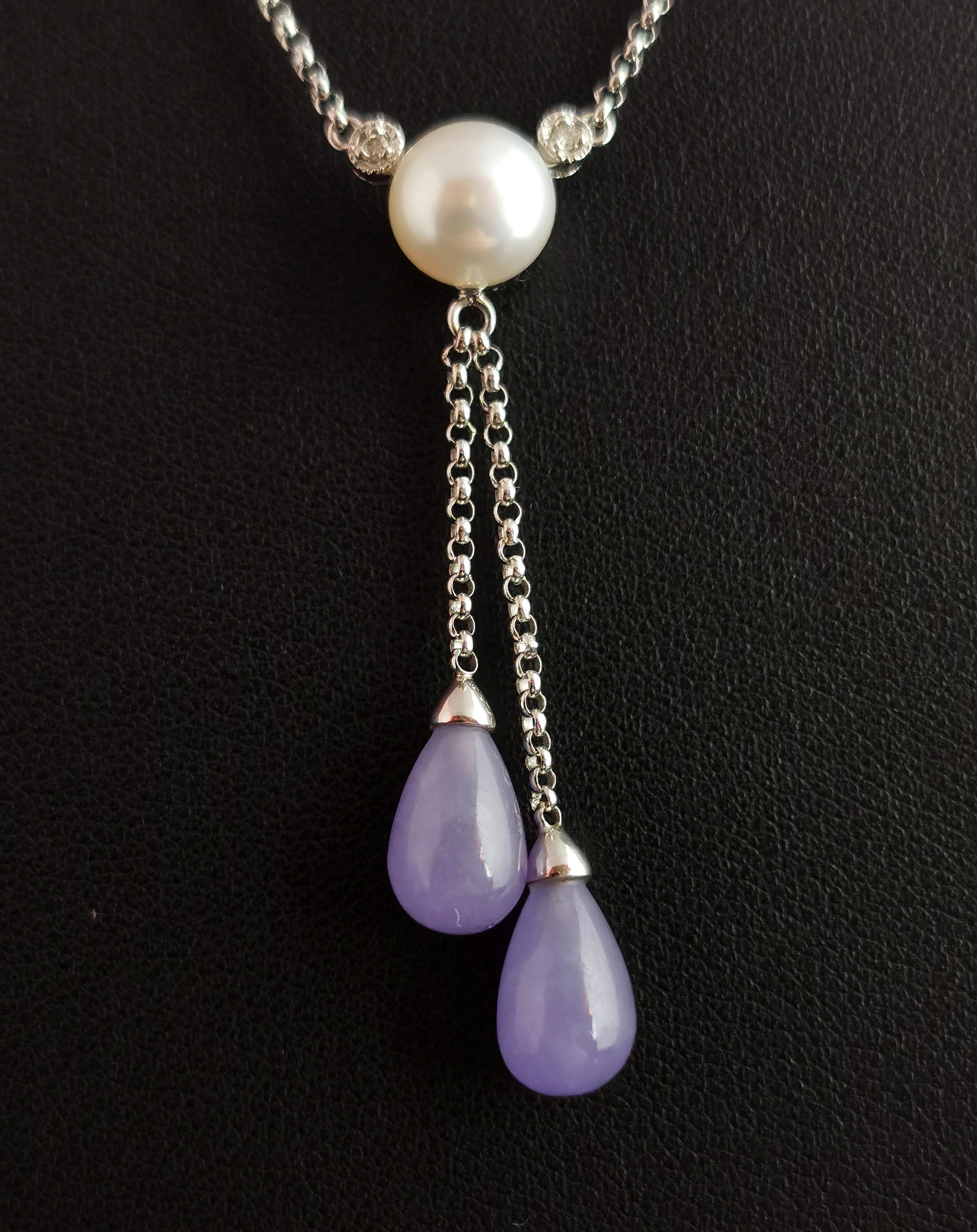 Vintage Diamond, Pearl and Lavender Jade Lariat Necklace, 14k White Gold 1