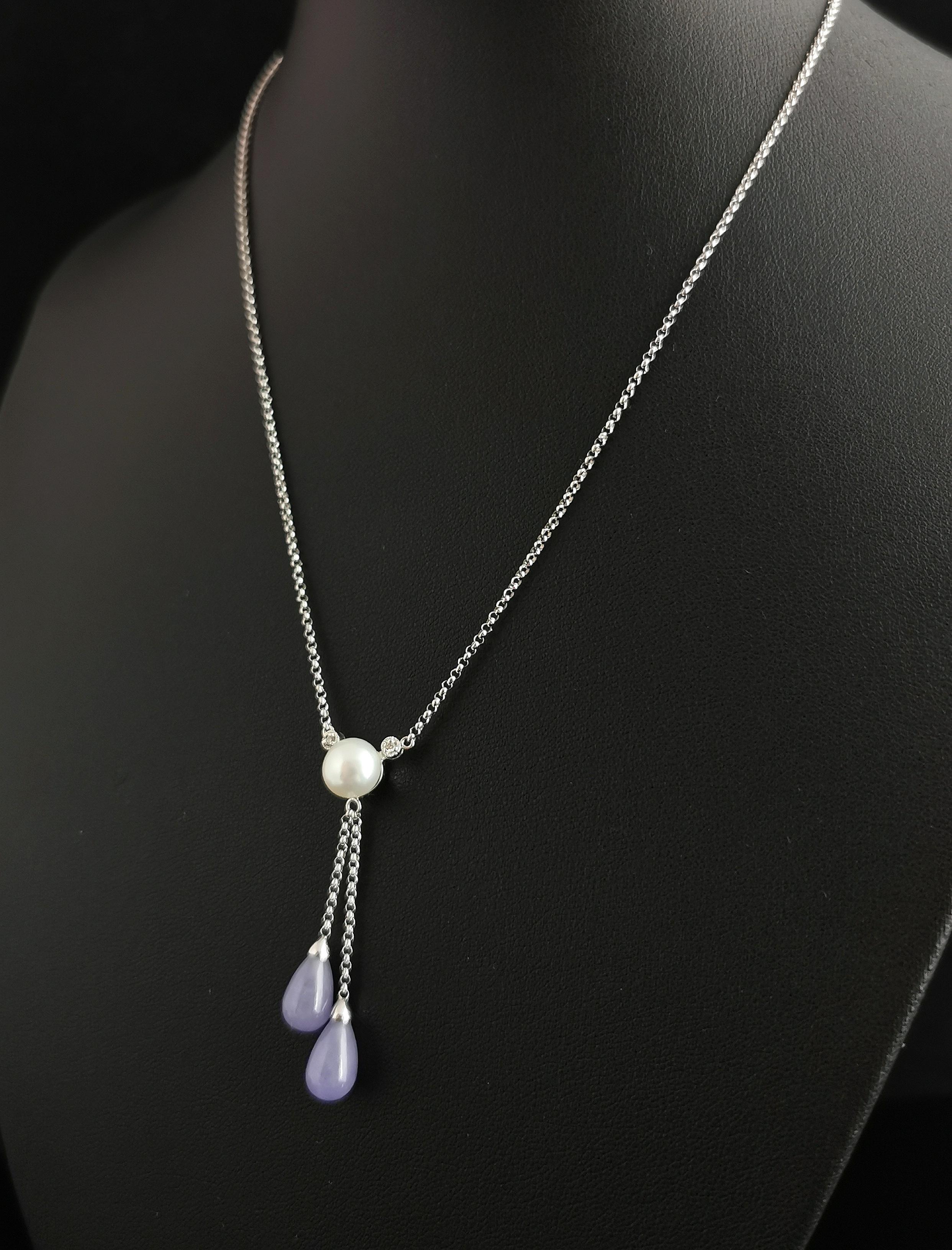 Vintage Diamond, Pearl and Lavender Jade Lariat Necklace, 14k White Gold 2