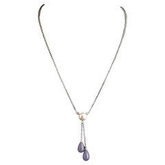 Retro Diamond, Pearl and Lavender Jade Lariat Necklace, 14k White Gold