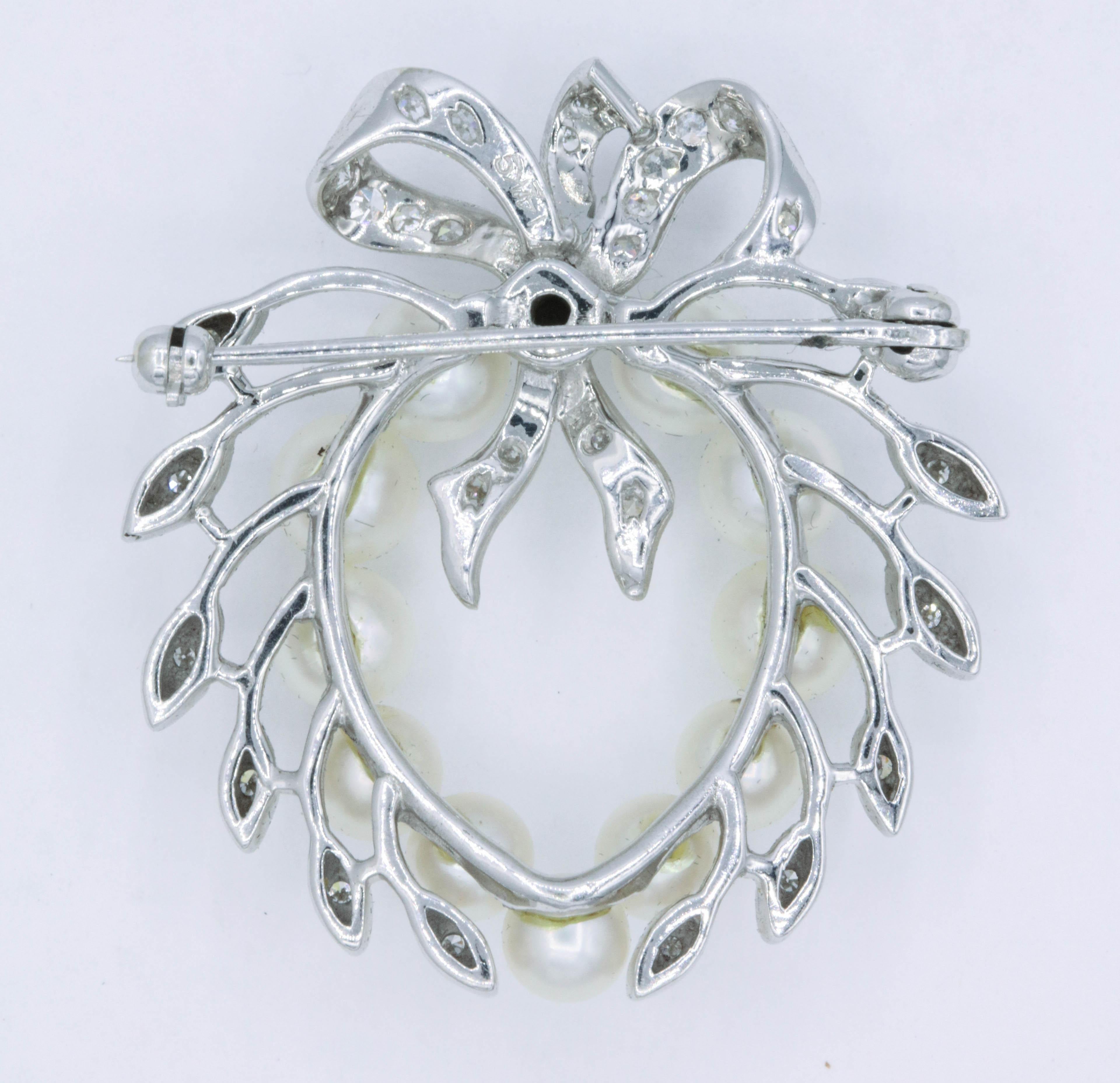 Vintage Diamond Pearl Bow Motif Brooch 2
