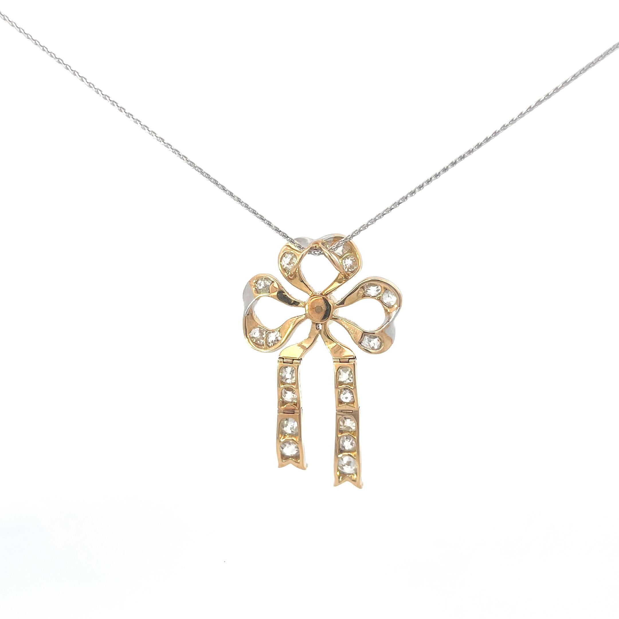 Old European Cut Vintage Diamond & Pearl Bow Pendant Necklace 14K White Yellow Gold For Sale