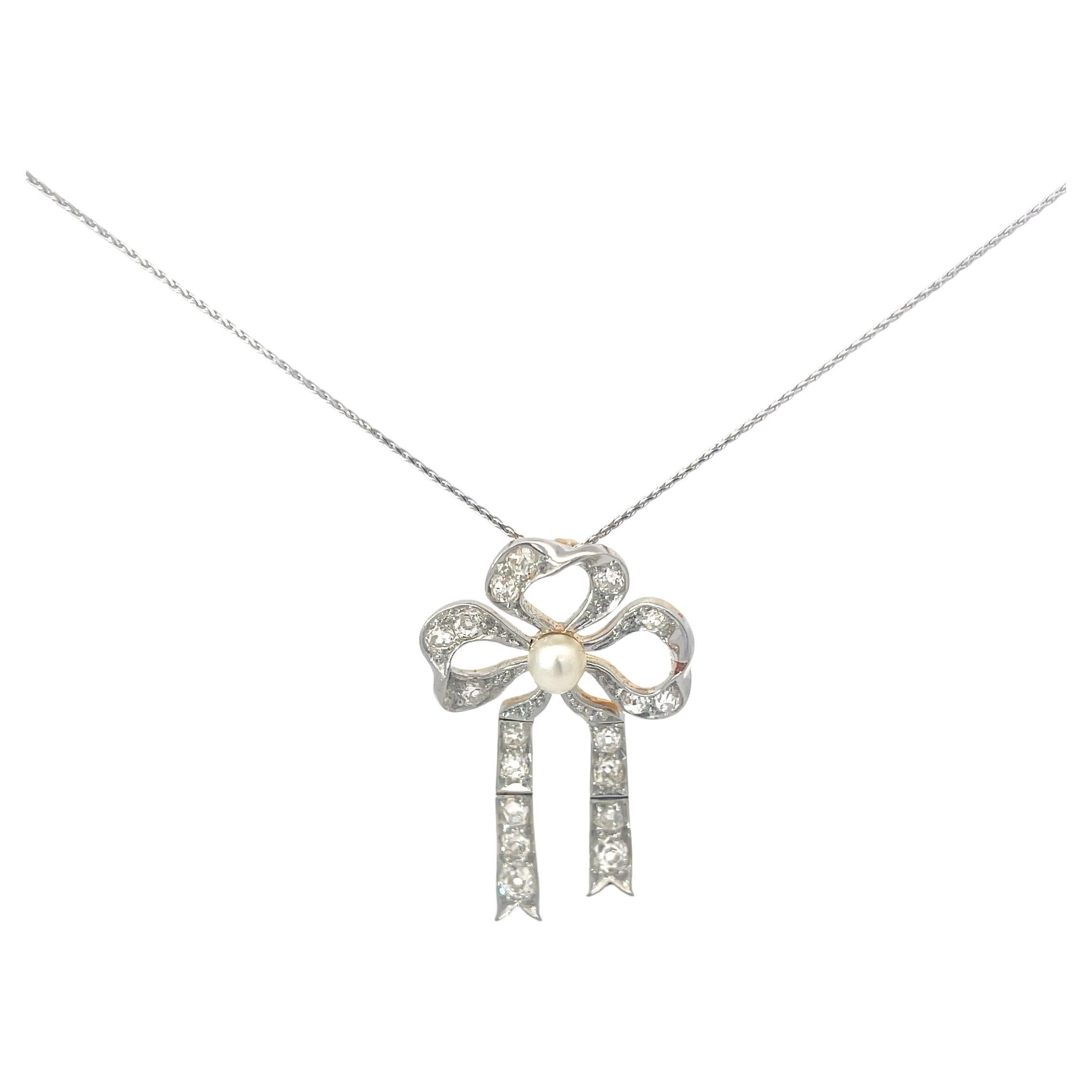 Vintage Diamond & Pearl Bow Pendant Necklace 14K White Yellow Gold For Sale