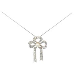 Retro Diamond & Pearl Bow Pendant Necklace 14K White Yellow Gold