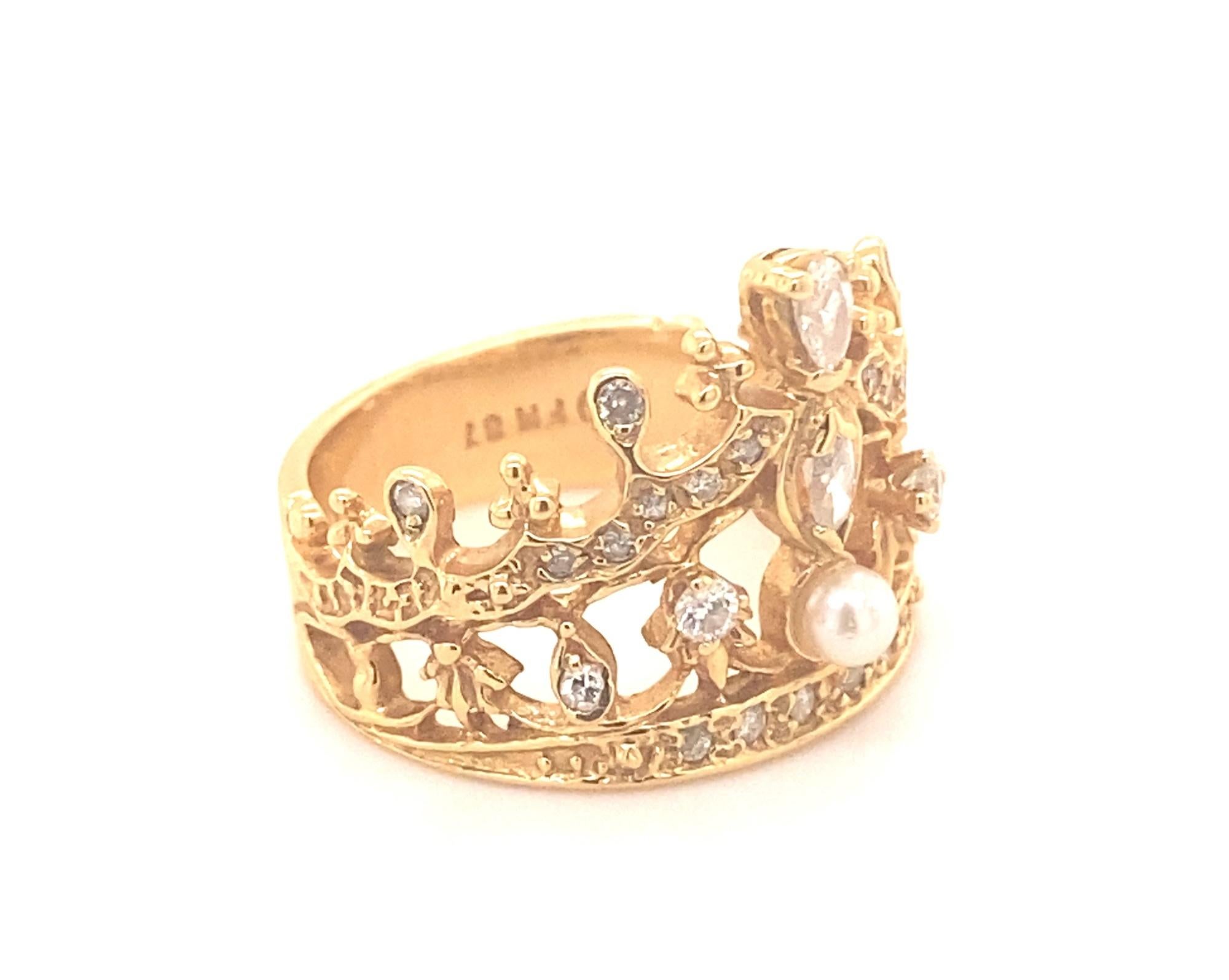 14 Karat Gelbgold Diamant-Perlen-Kronring (Marquiseschliff)