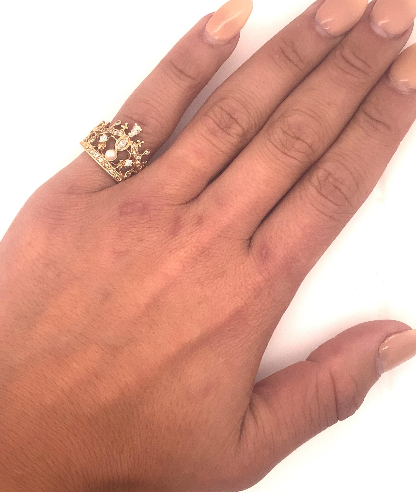 14 Karat Gelbgold Diamant-Perlen-Kronring Damen