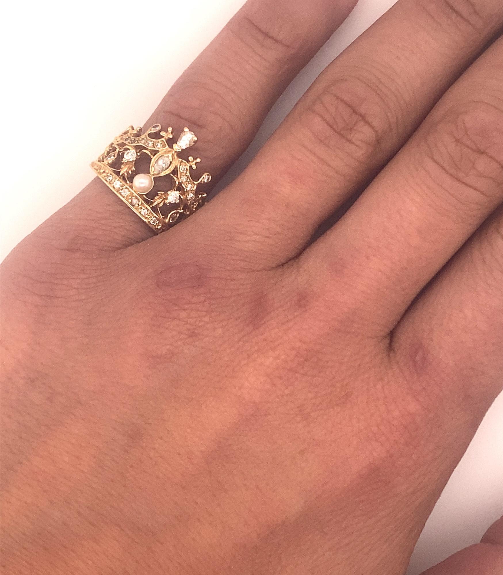 14 Karat Gelbgold Diamant-Perlen-Kronring 1