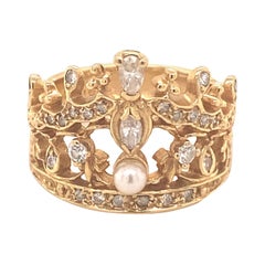 14 Karat Gelbgold Diamant-Perlen-Kronring