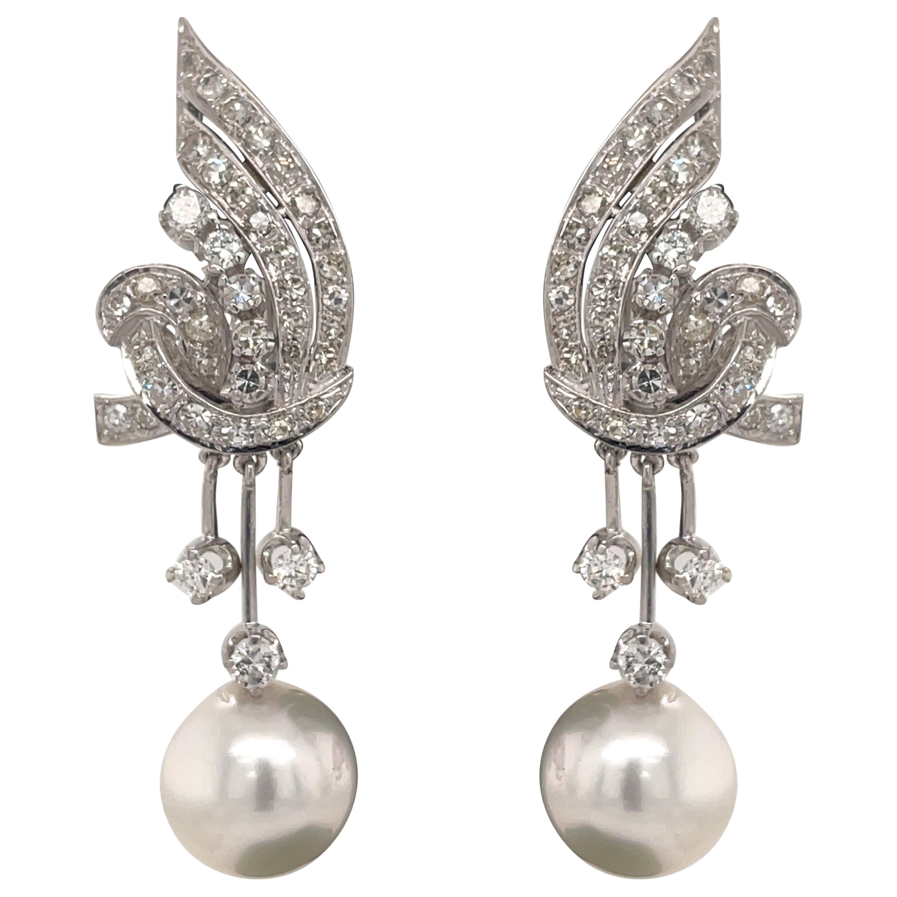 Vintage Diamond Pearl Drop Earrings 2 Carat Platinum
