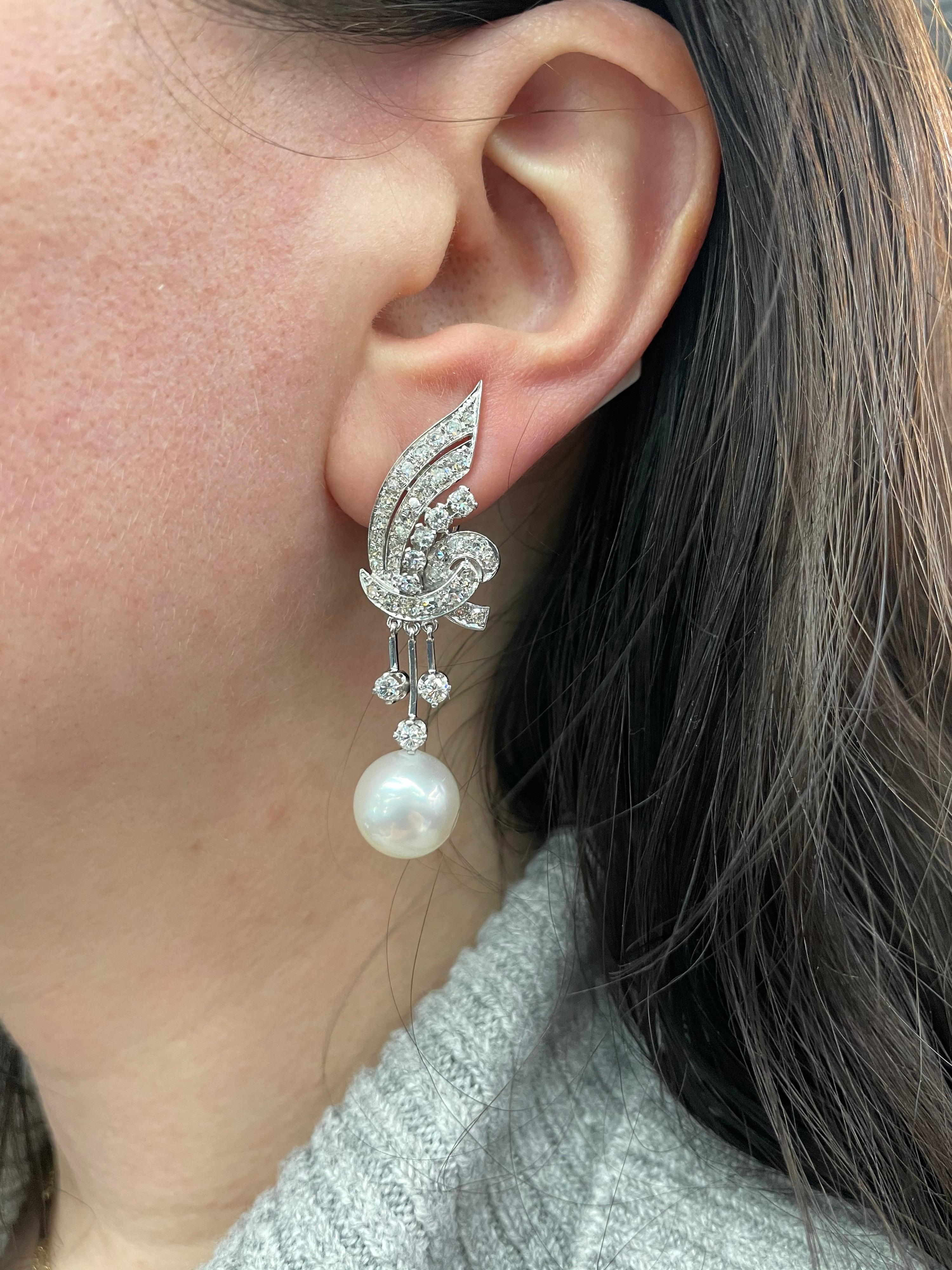 Vintage Diamond Pearl Drop Earrings 2 Carat Platinum 1