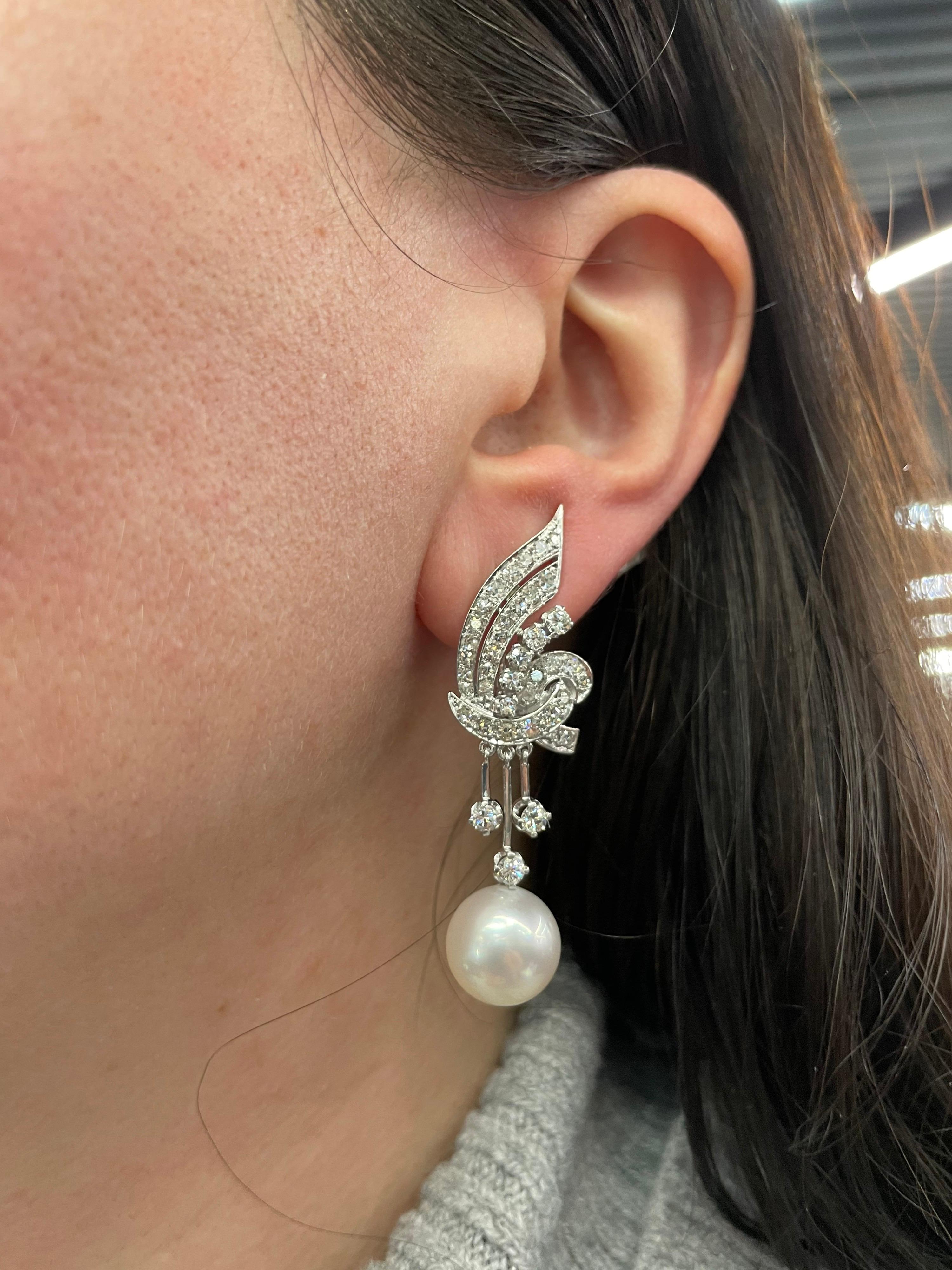 Vintage Diamond Pearl Drop Earrings 2 Carat Platinum 2