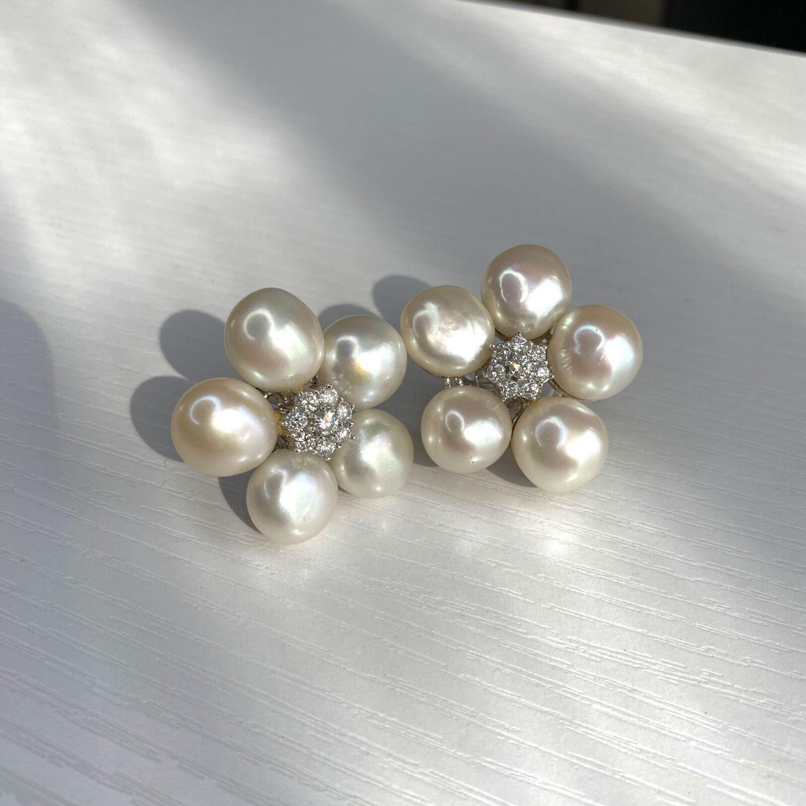 Women's or Men's Vintage Diamond & Pearl Flower Huggies Earrings in 18K White Gold