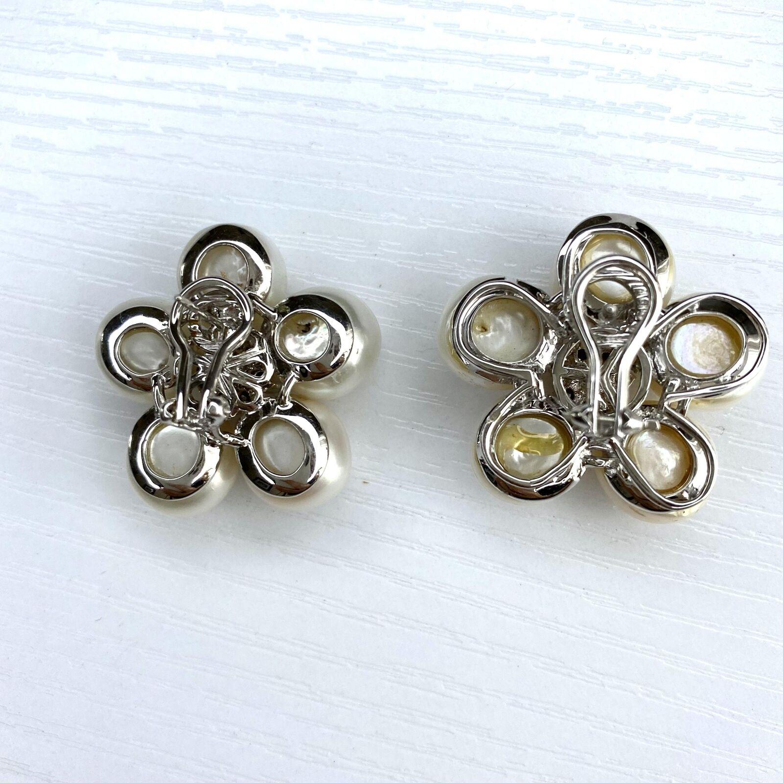 Vintage Diamond & Pearl Flower Huggies Earrings in 18K White Gold 1