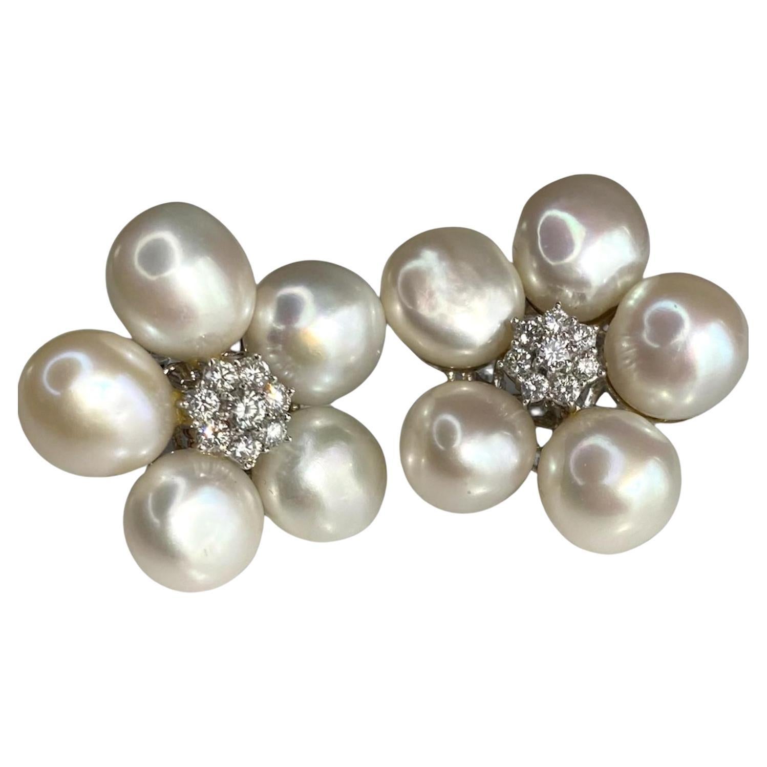 Vintage Diamond & Pearl Flower Huggies Earrings in 18K White Gold