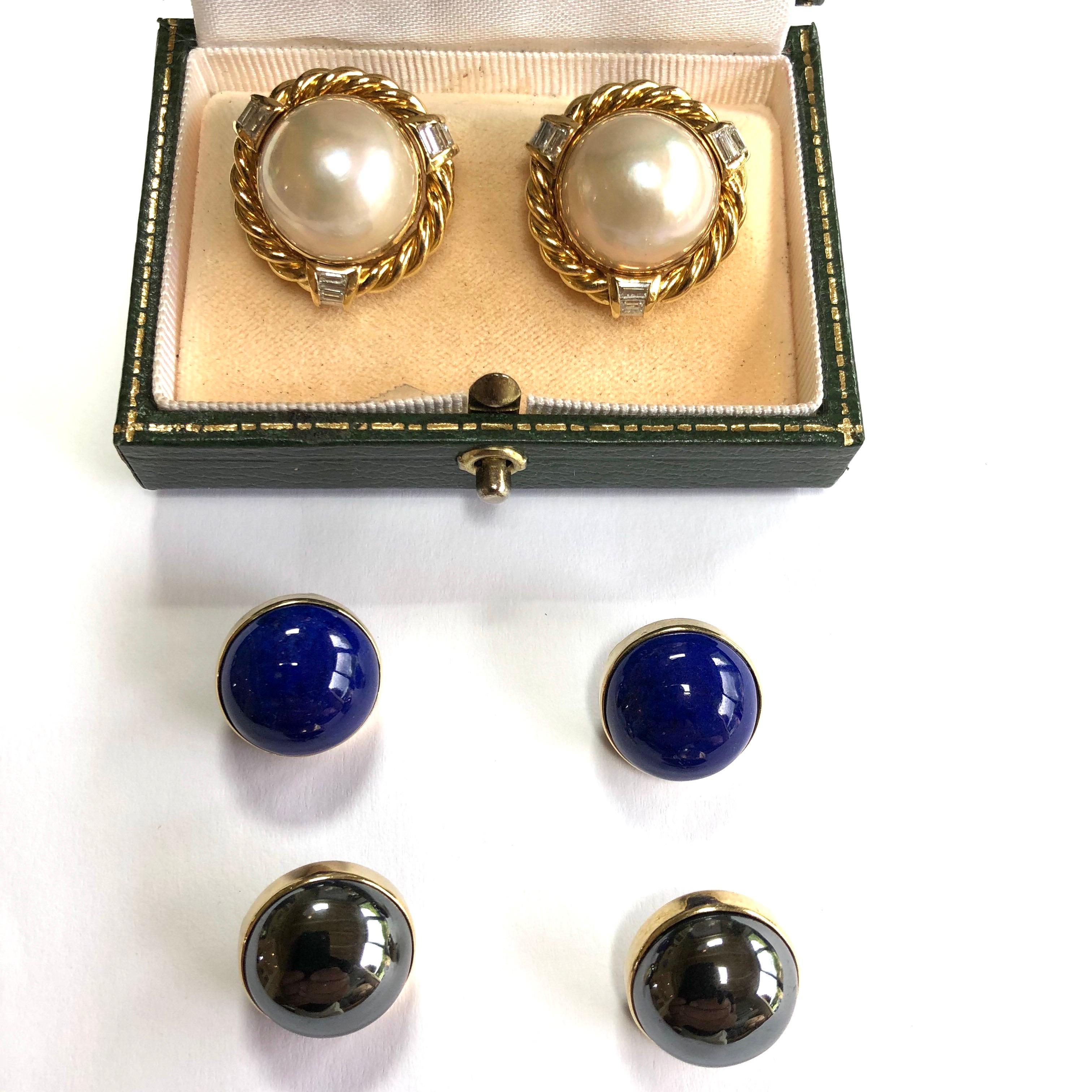 This pair of earrings can be worn in so many ways! To start with, the earrings can be worn as studs or clip ons. The Fronts can be changed to either the gold, diamond and pearl, the lapis or the south sea pearls. Three earrings in one! 

Diameter: