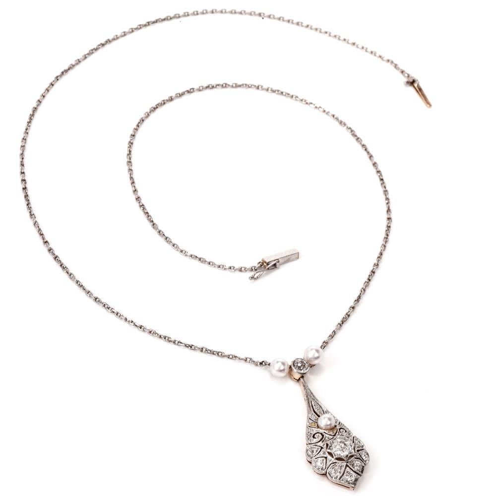 Art Deco Vintage Diamond Pearl Platinum 18 Karat Gold Chain Necklace
