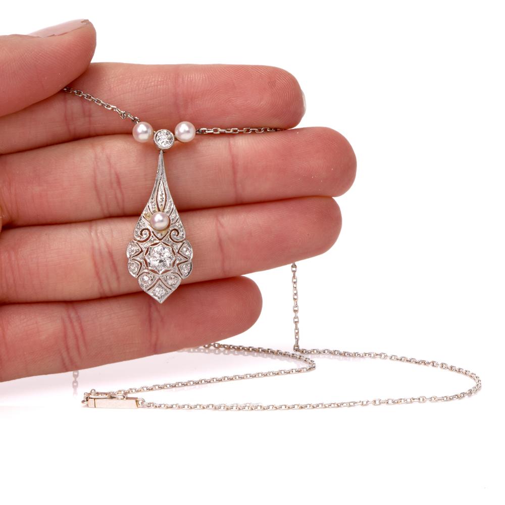 Vintage Diamond Pearl Platinum 18 Karat Gold Chain Necklace In Good Condition In Miami, FL