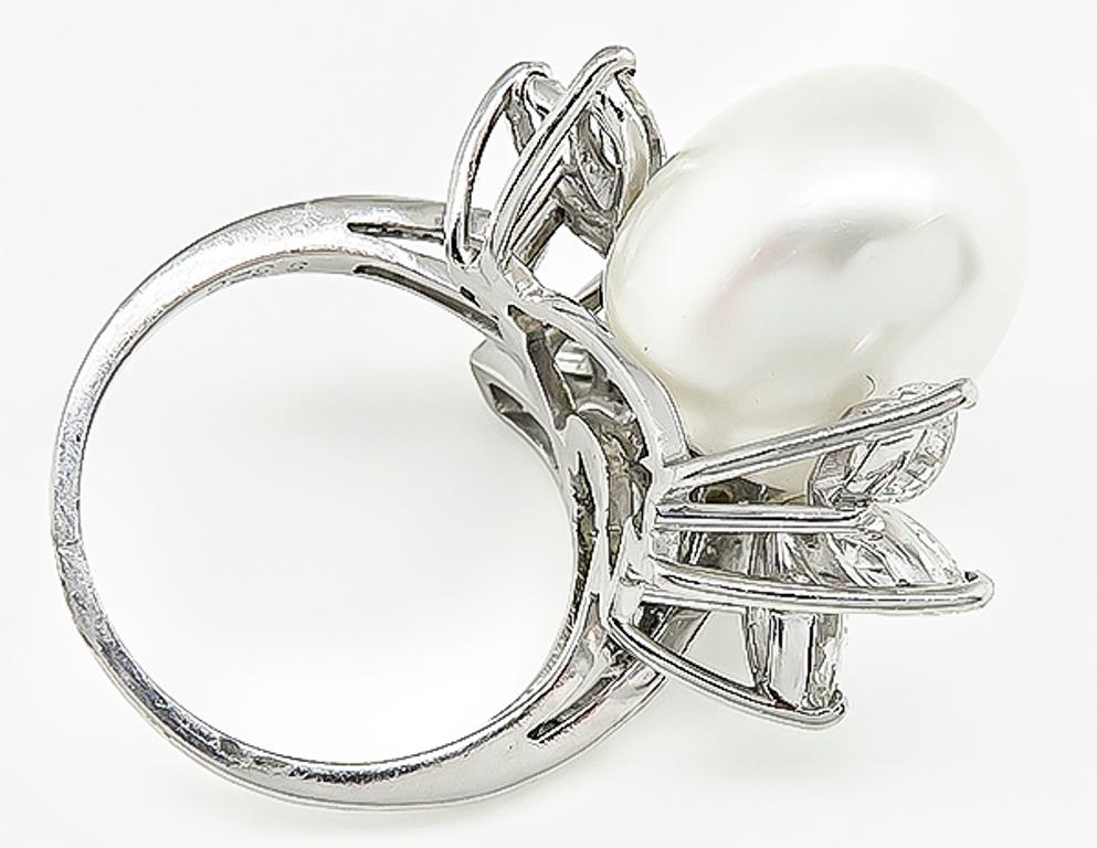 Marquise Cut Vintage Diamond Pearl Platinum Cocktail Ring