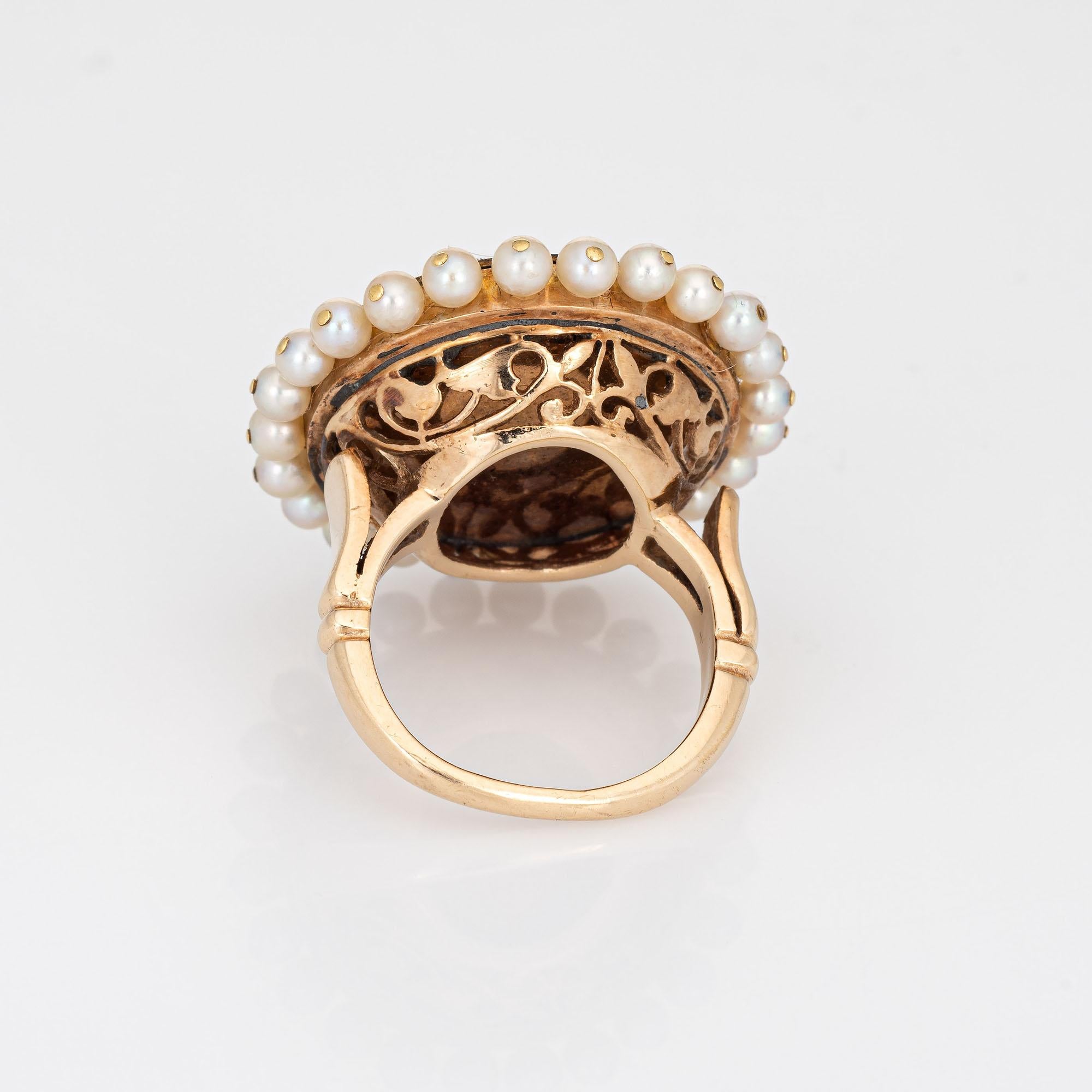 Vintage Diamond Pearl Ring Green Enamel Large Round Cocktail 14k Gold Sz 5 In Good Condition For Sale In Torrance, CA