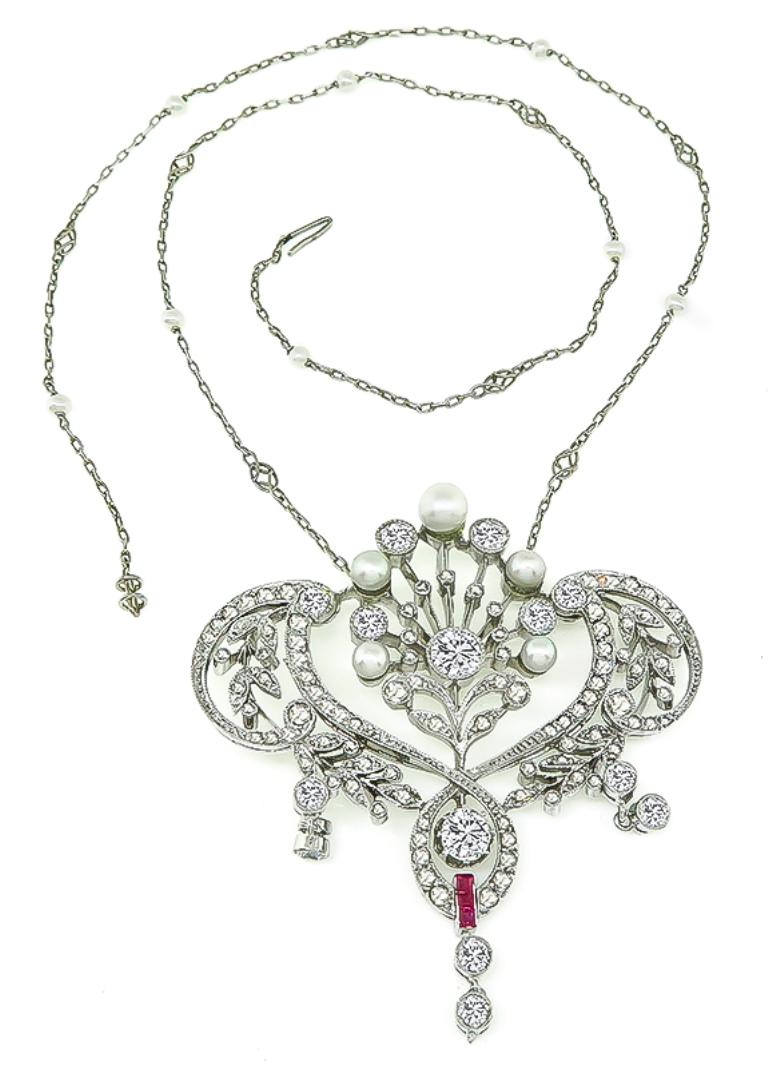 Edwardian Vintage Diamond Pearl Ruby Pendant Necklace