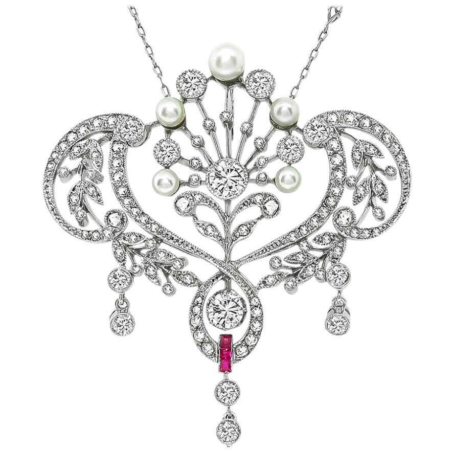Vintage Diamond Pearl Ruby Pendant Necklace