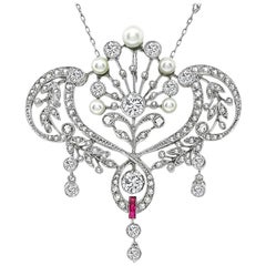 Vintage Diamond Pearl Ruby Pendant Necklace