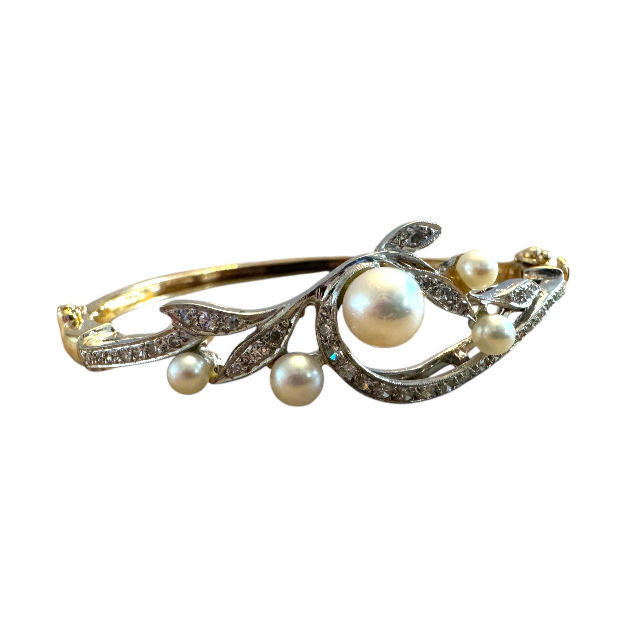 Women's Vintage Diamond & Pearl Yellow Gold Bangle Bracelet For Sale