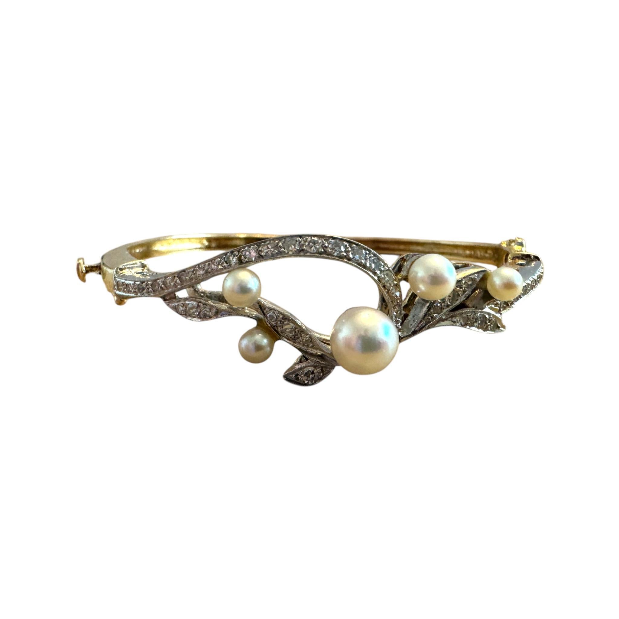 Vintage Diamond & Pearl Yellow Gold Bangle Bracelet For Sale 2