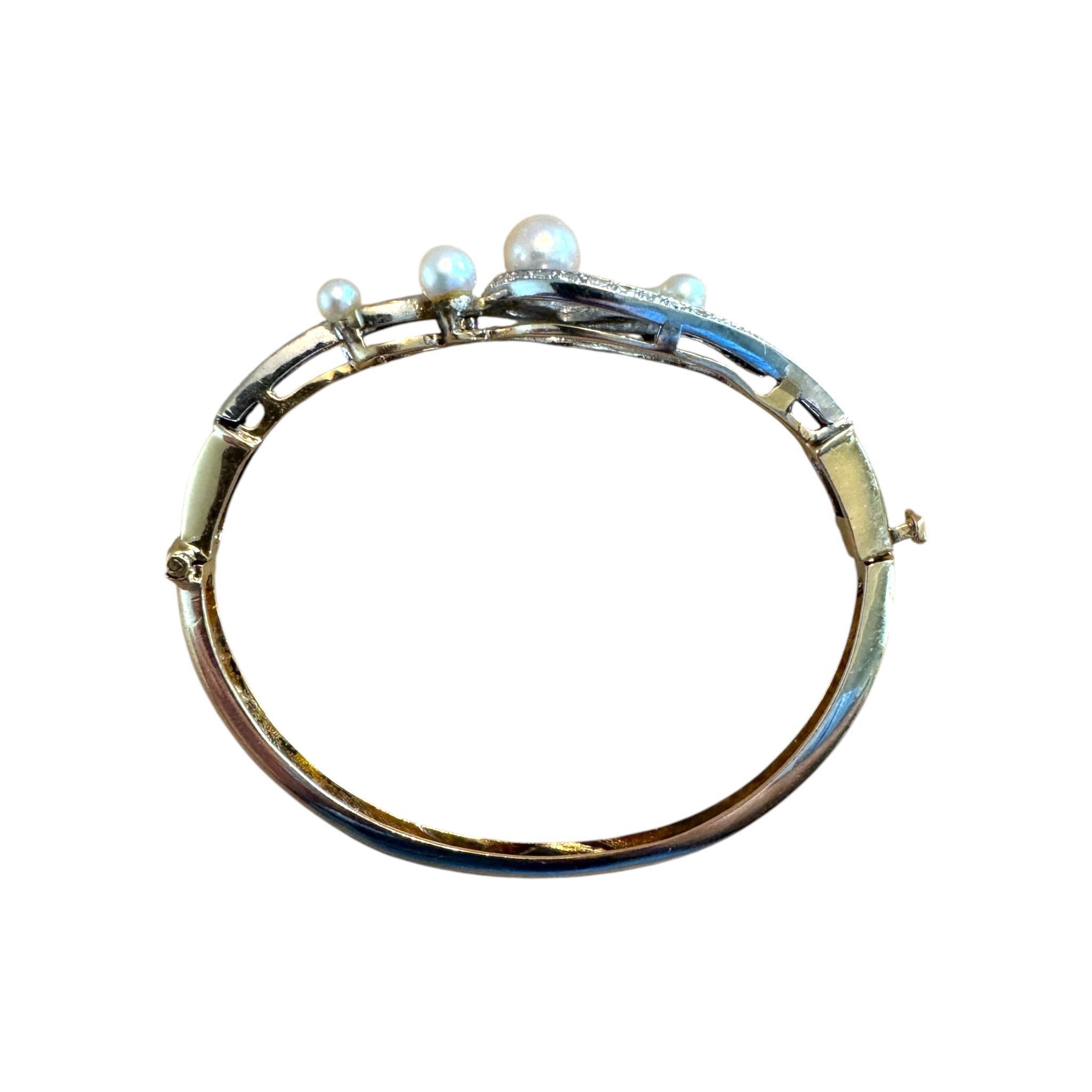 Vintage Diamond & Pearl Yellow Gold Bangle Bracelet For Sale 3