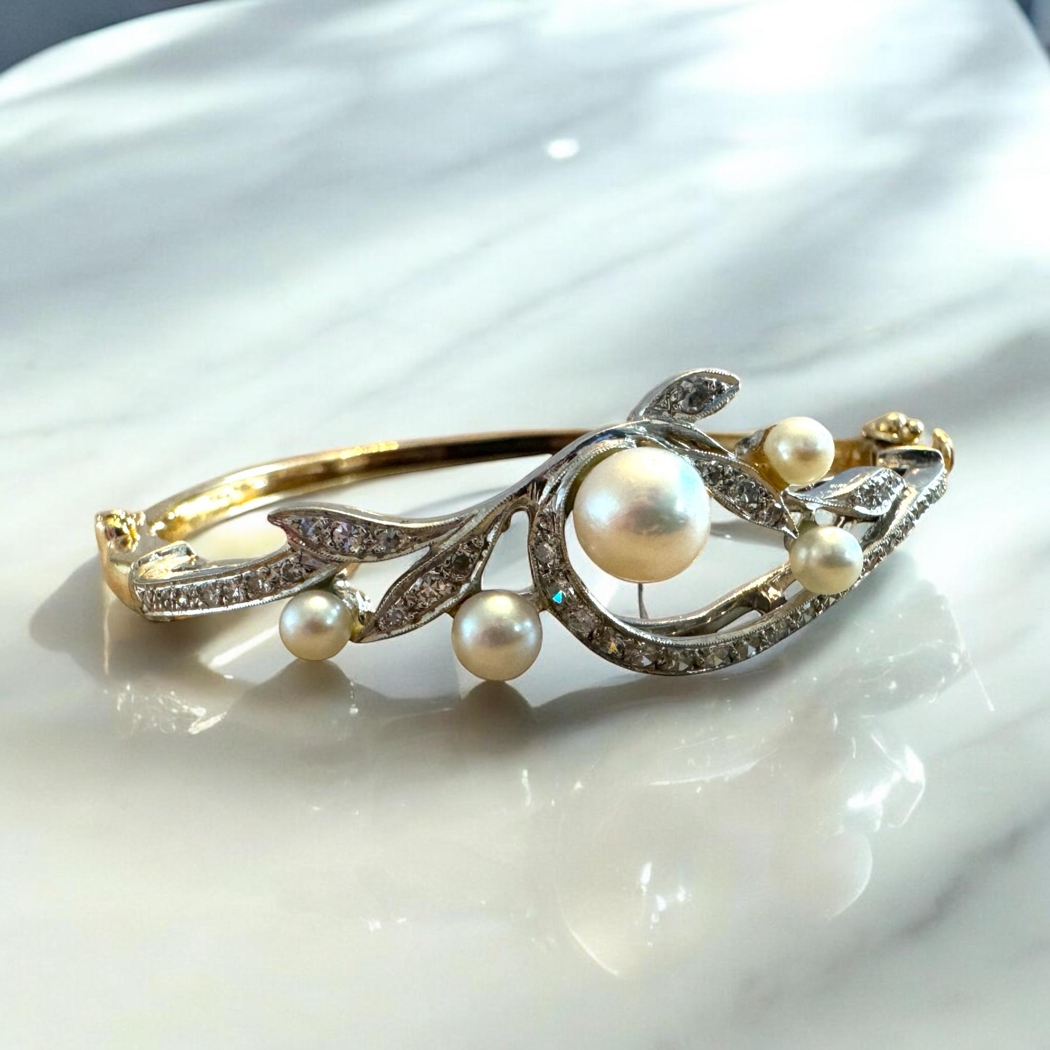 Vintage Diamond & Pearl Yellow Gold Bangle Bracelet For Sale 4