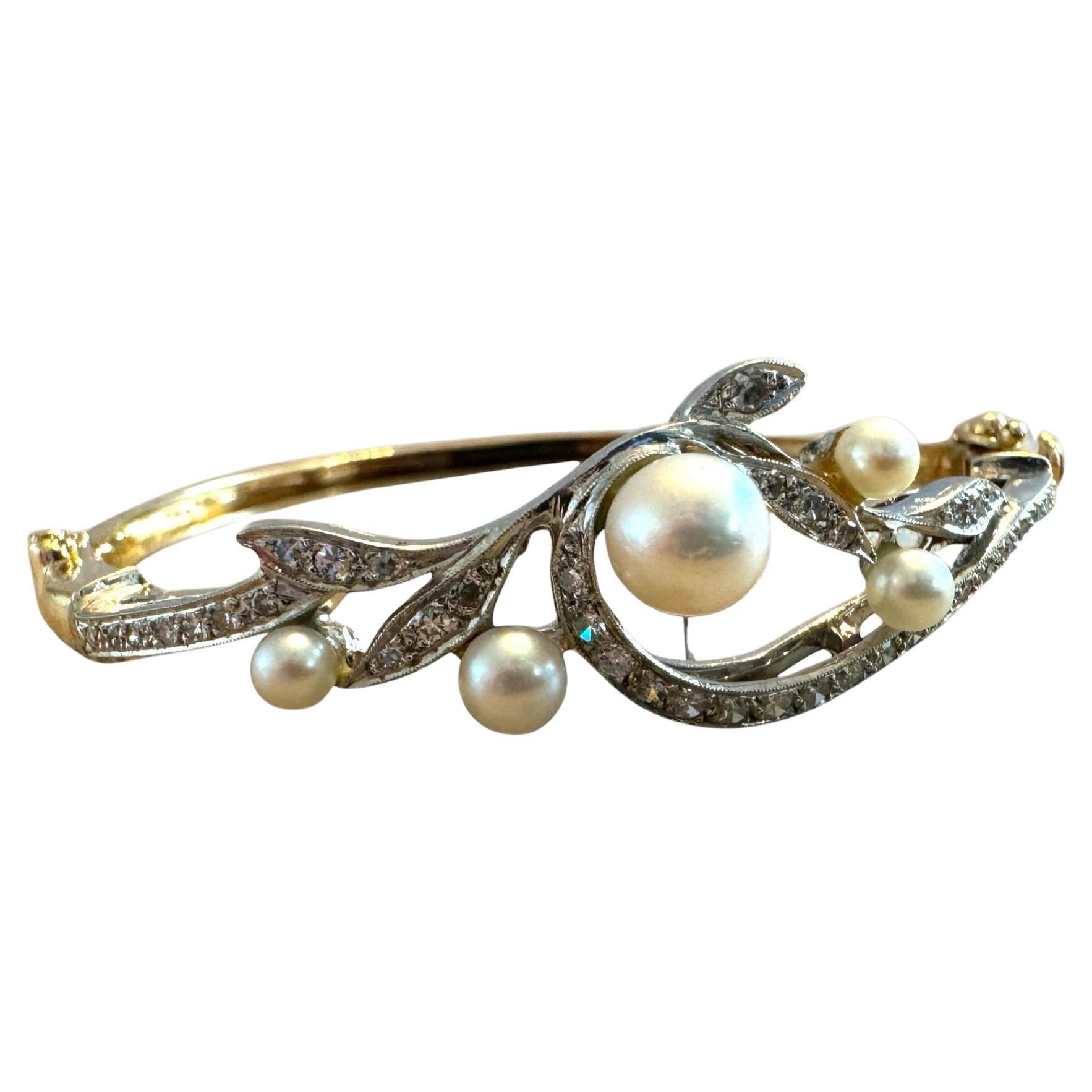 Vintage Diamond & Pearl Yellow Gold Bangle Bracelet