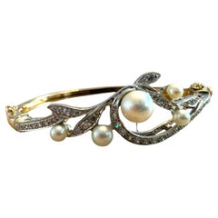 Vintage Diamond & Pearl Yellow Gold Bangle Bracelet