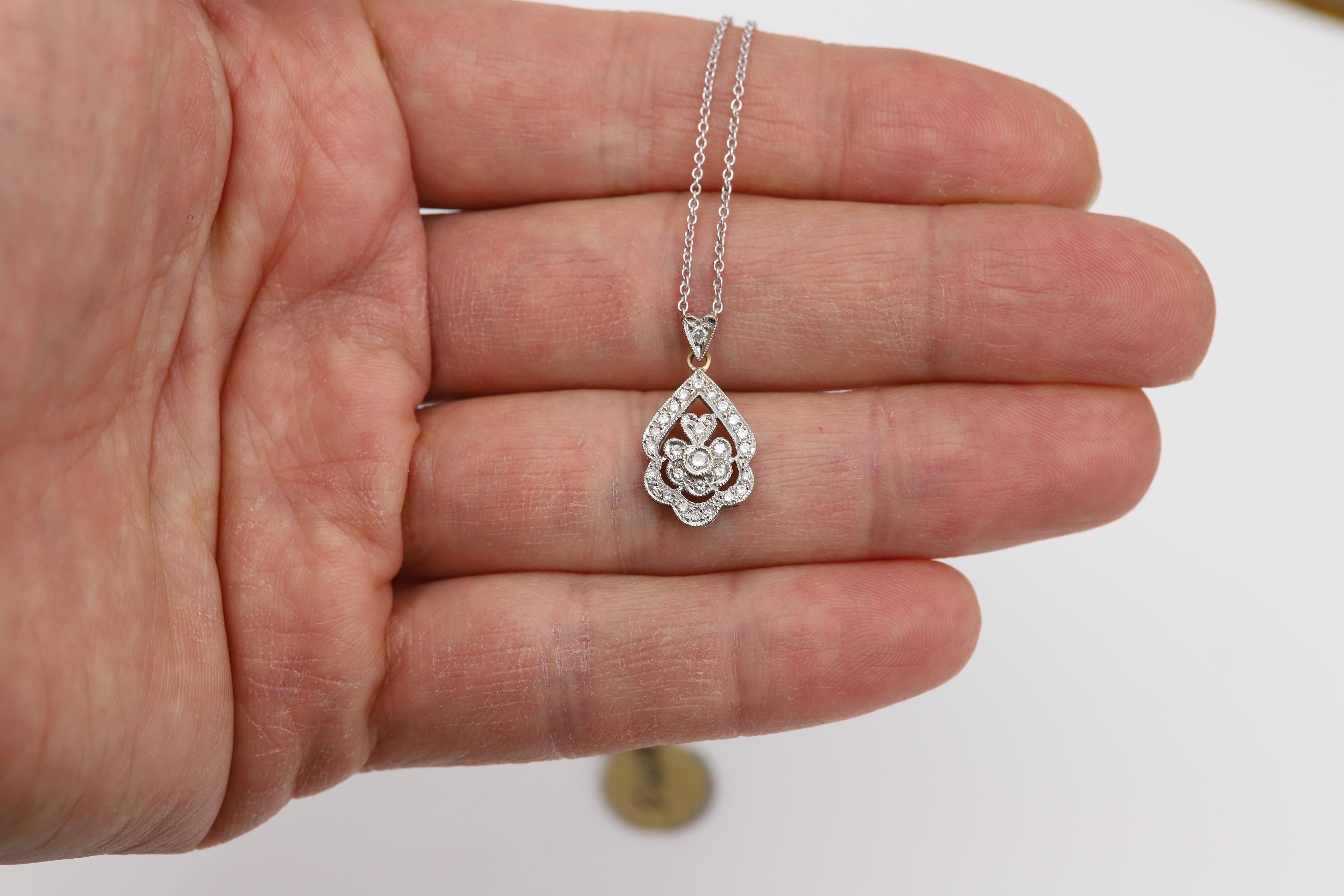 Round Cut Vintage Diamond Pendant 18 Karat White Gold Cluster Diamond Necklace For Sale