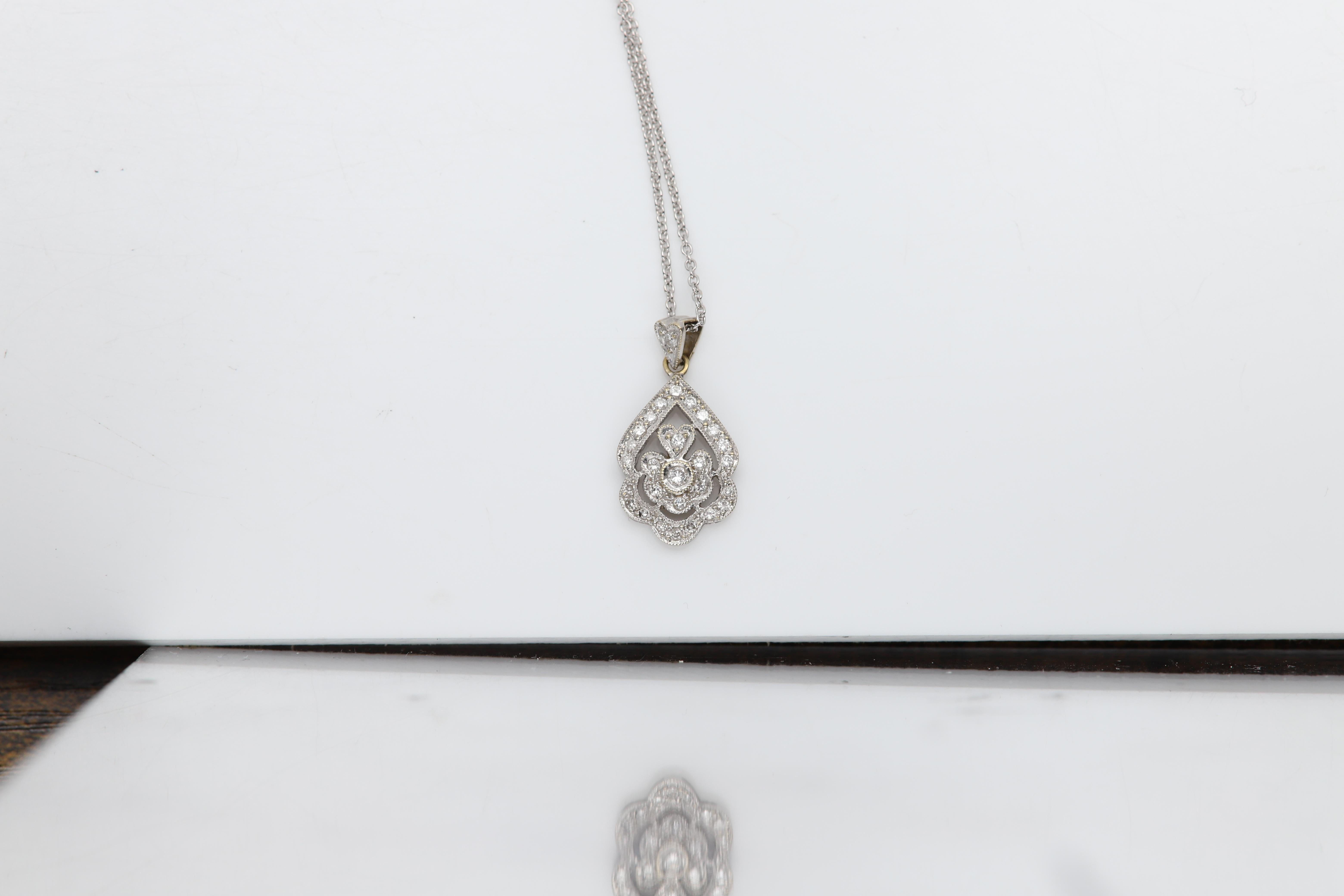 Women's Vintage Diamond Pendant 18 Karat White Gold Cluster Diamond Necklace For Sale