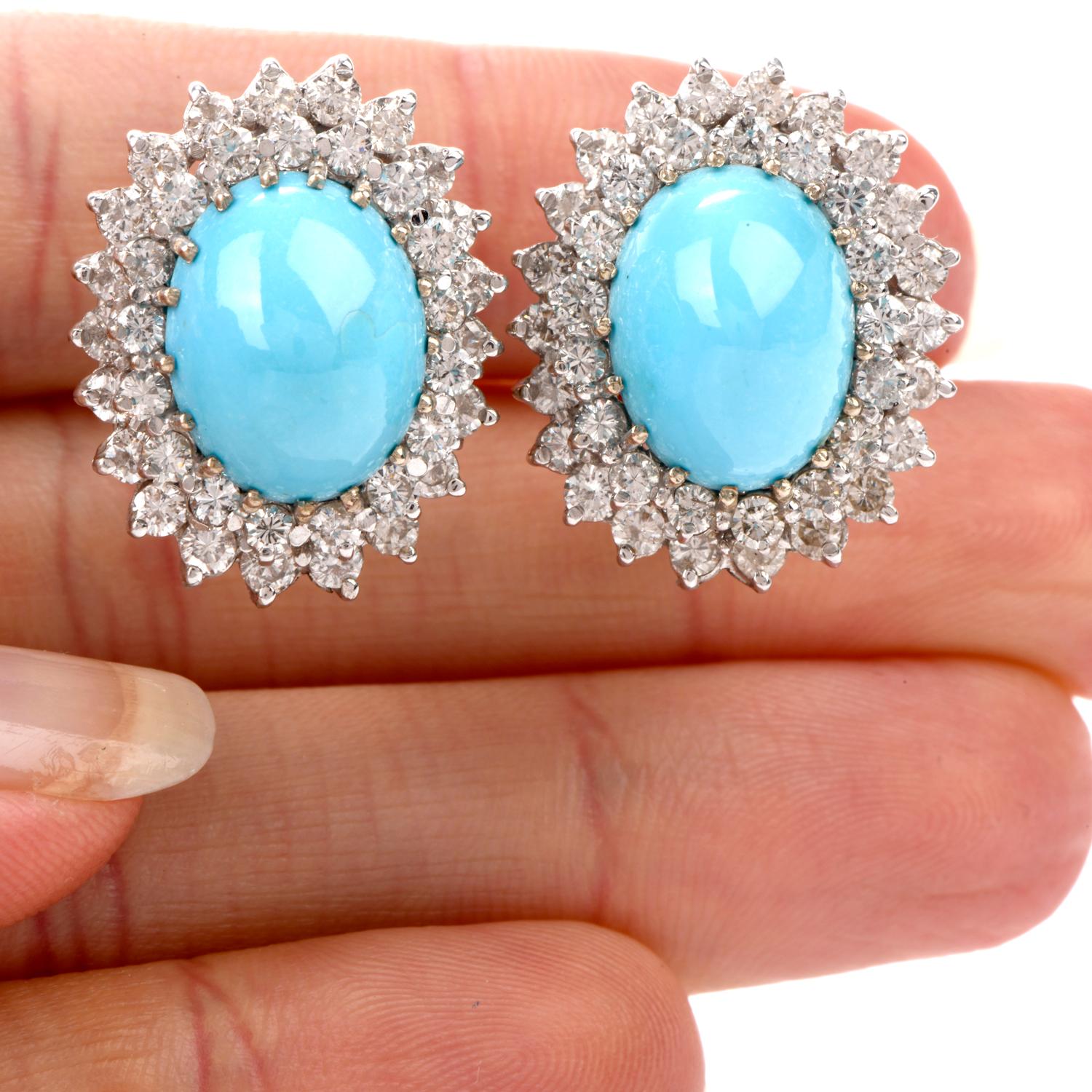 Women's Vintage Diamond Persian Turquoise Omega Clip Gold Earrings