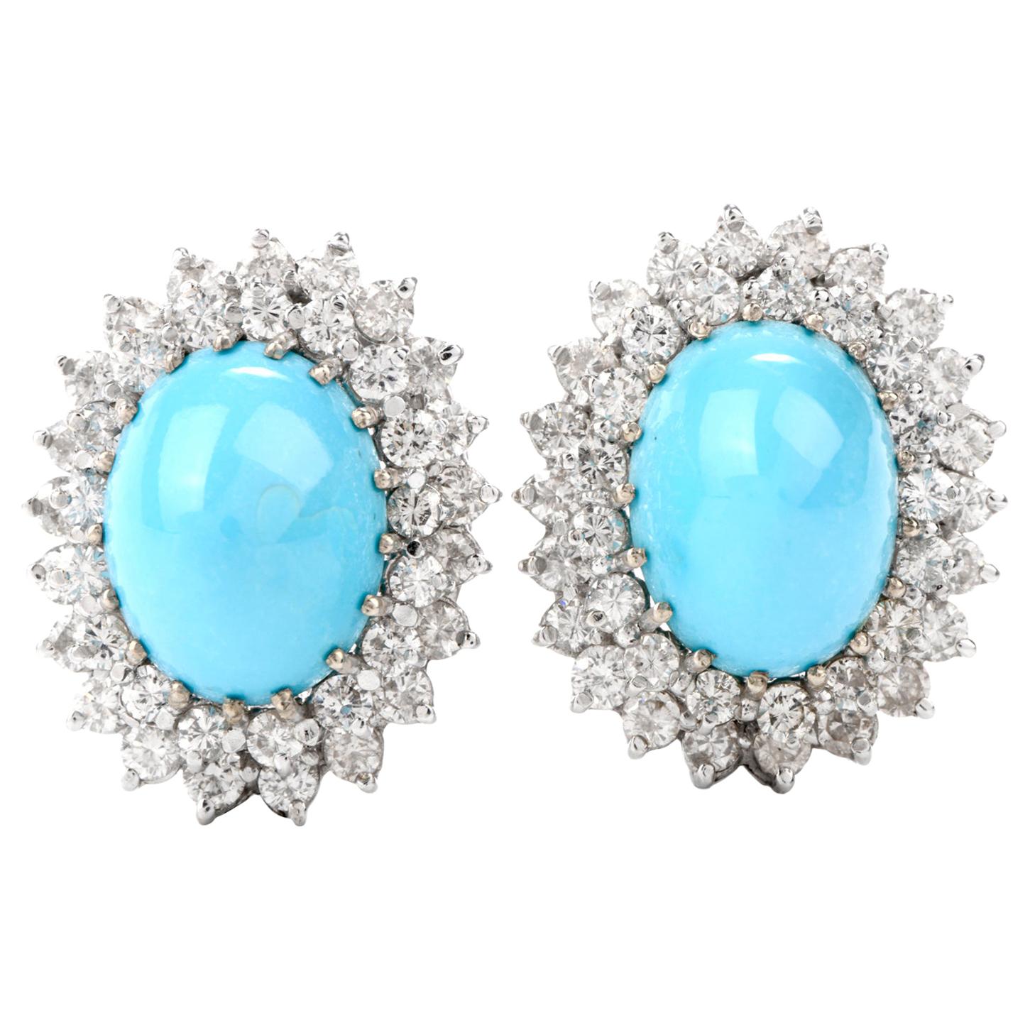 Vintage Diamond Persian Turquoise Omega Clip Gold Earrings
