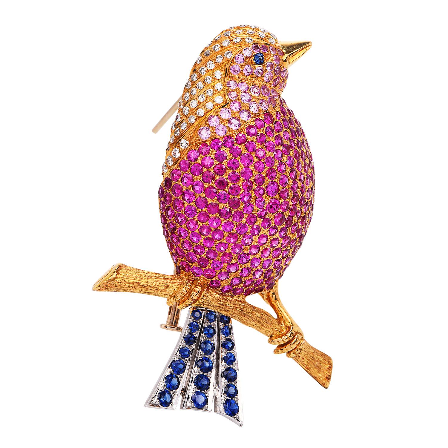 Retro Vintage Diamond Pink Blue Sapphire 18K Yellow Gold Bird Cluster Brooch Pin