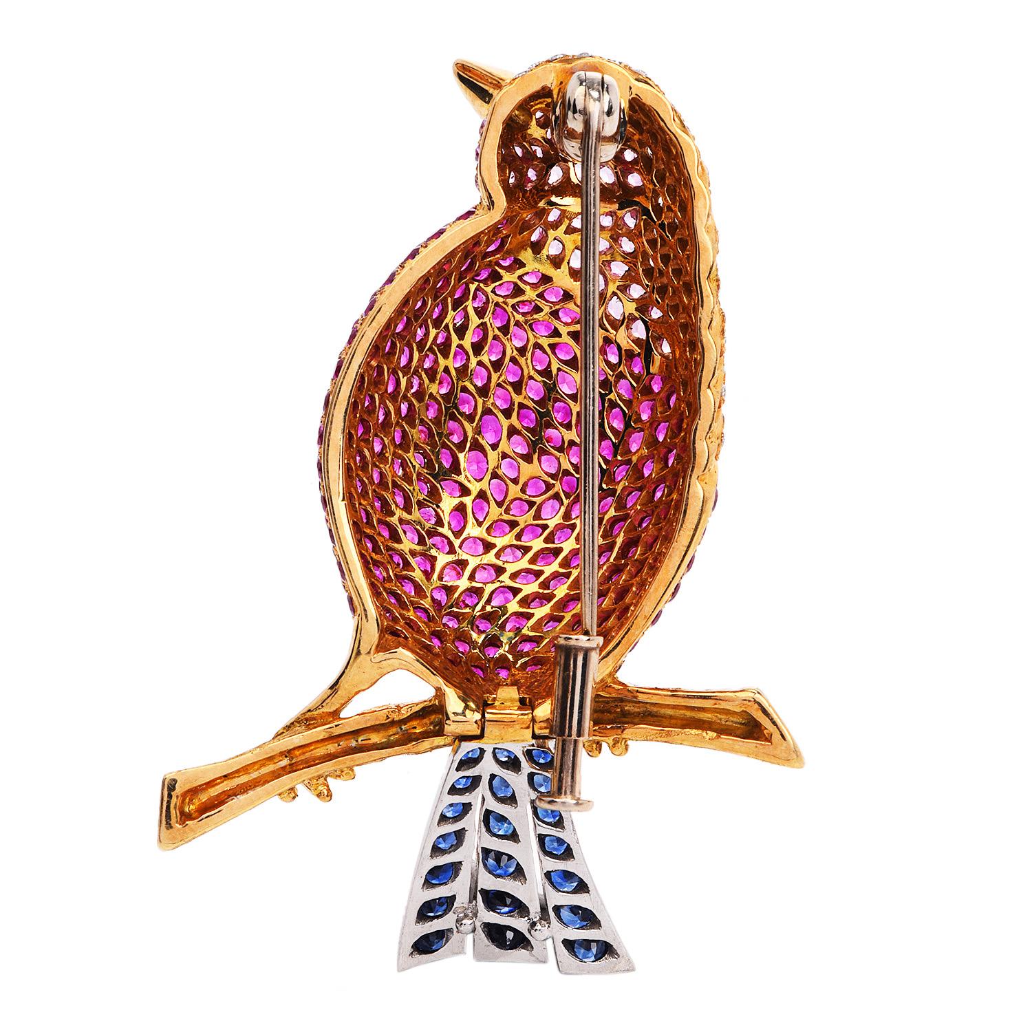 Round Cut Vintage Diamond Pink Blue Sapphire 18K Yellow Gold Bird Cluster Brooch Pin